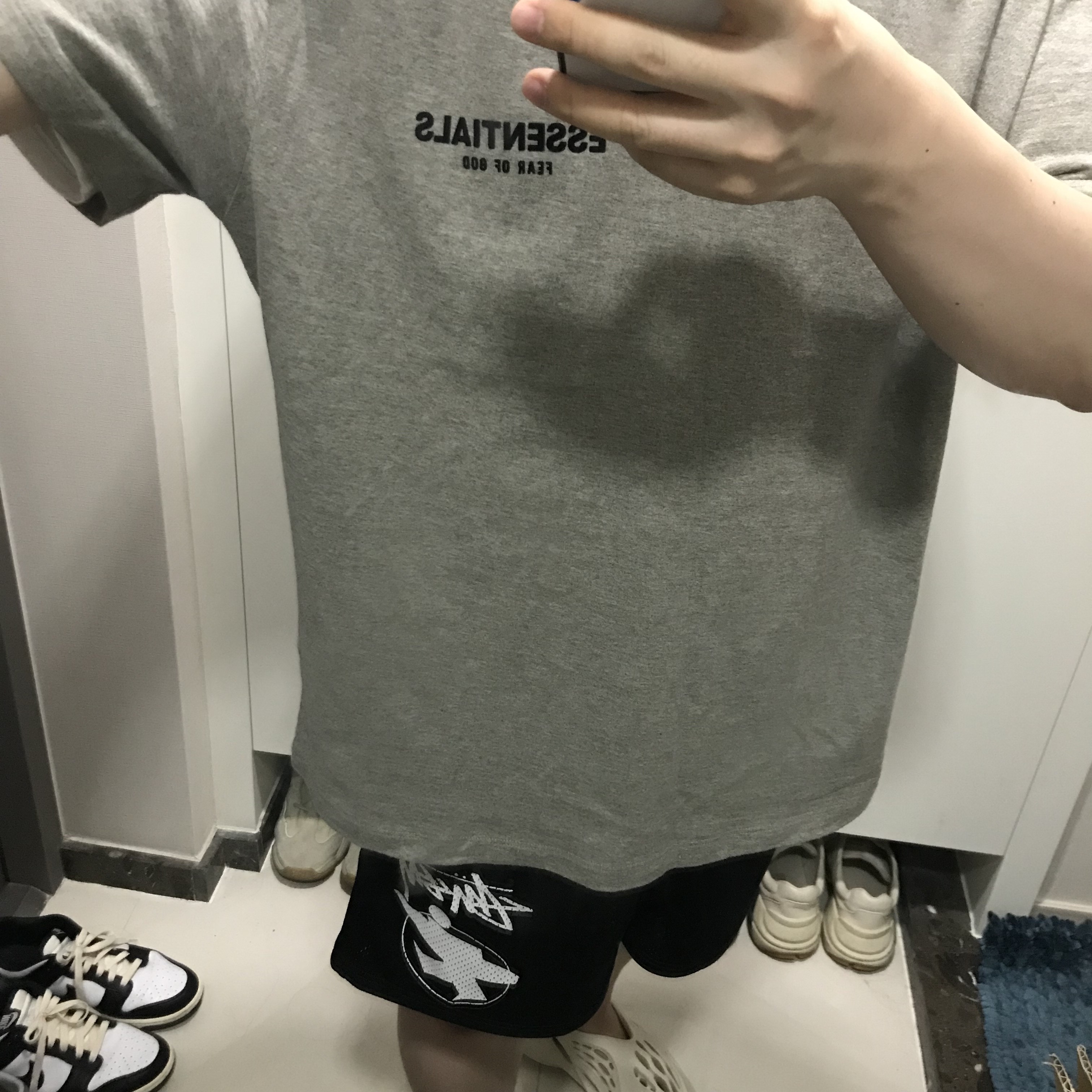 Essentials The Core Collection T-Shirt Dark Oatmeal, Stussy Surfman Mesh Shorts Black 착용 스타일