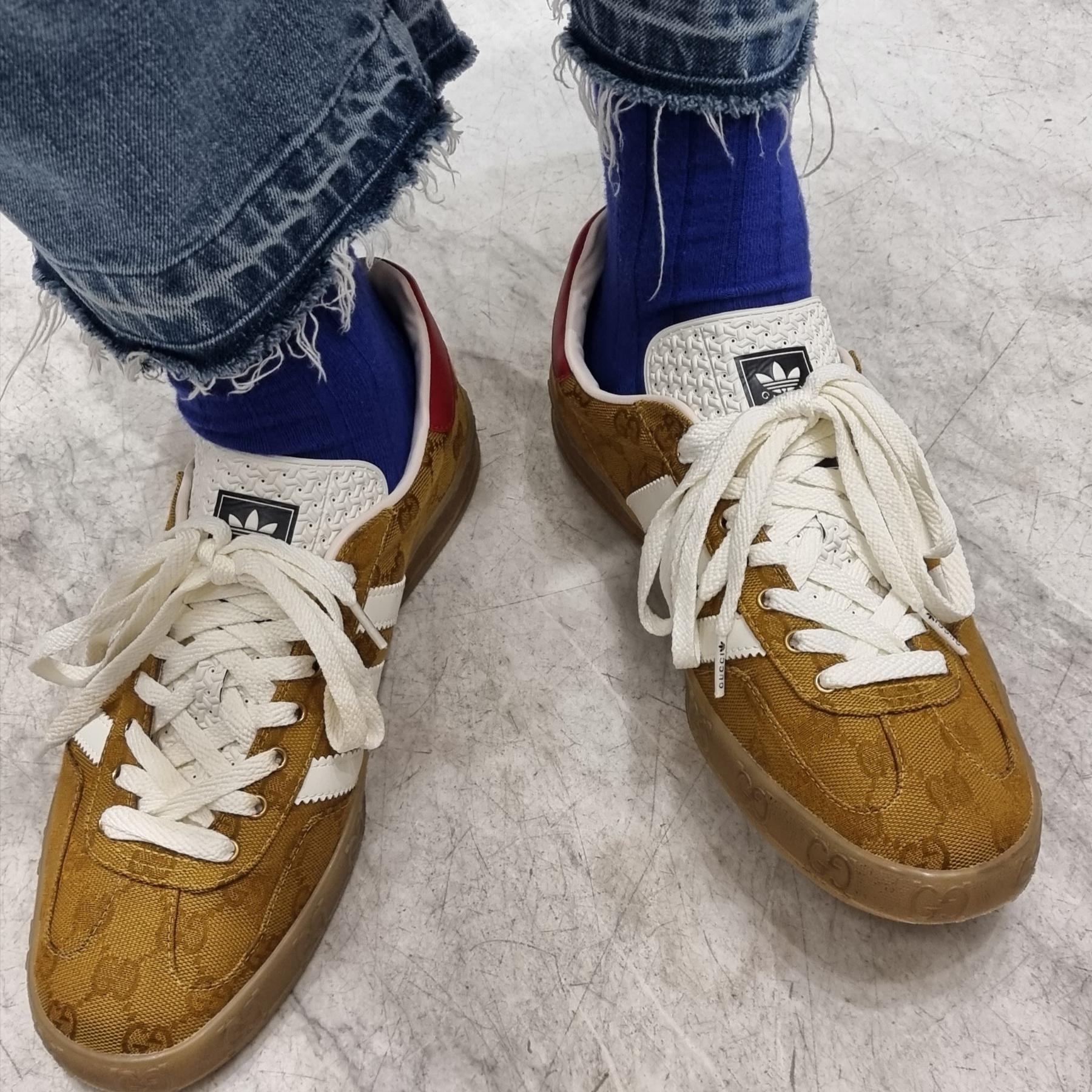 Gucci x Adidas Gazelle Sneakers Yellow White 착용 스타일 - 2