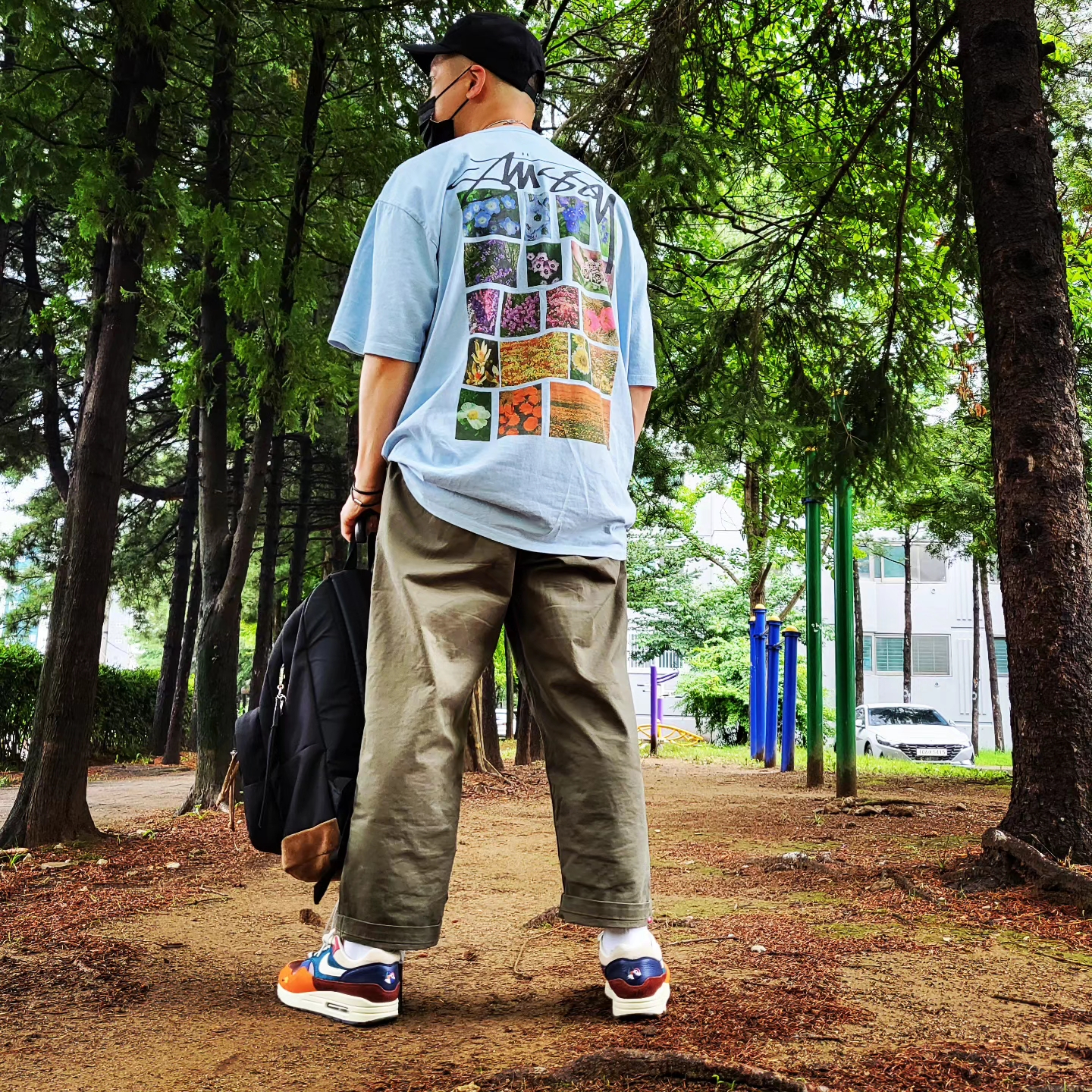 Supreme Washed Chino Twill Camp Cap Black, Stussy Flower Grid Pigment Dyed T-Shirt Sky Blue 착용 스타일 - 2
