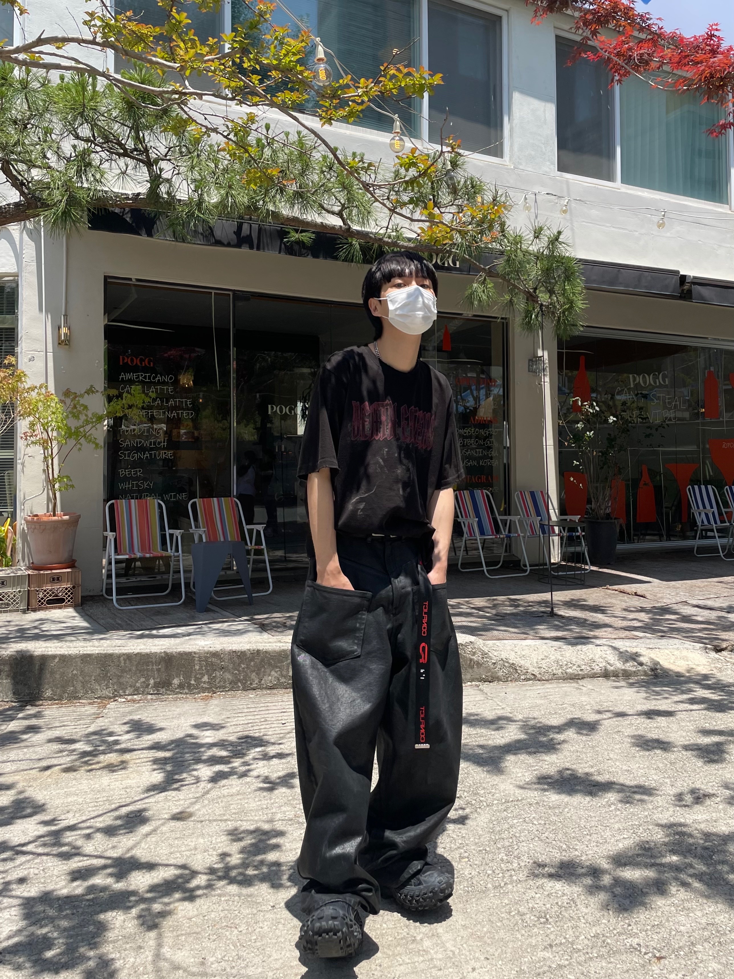 Undermycar Death Eaters Graphic T-Shirt Black - 23SS, Project G/R Coated Backward Denim Pants Black 착용 스타일