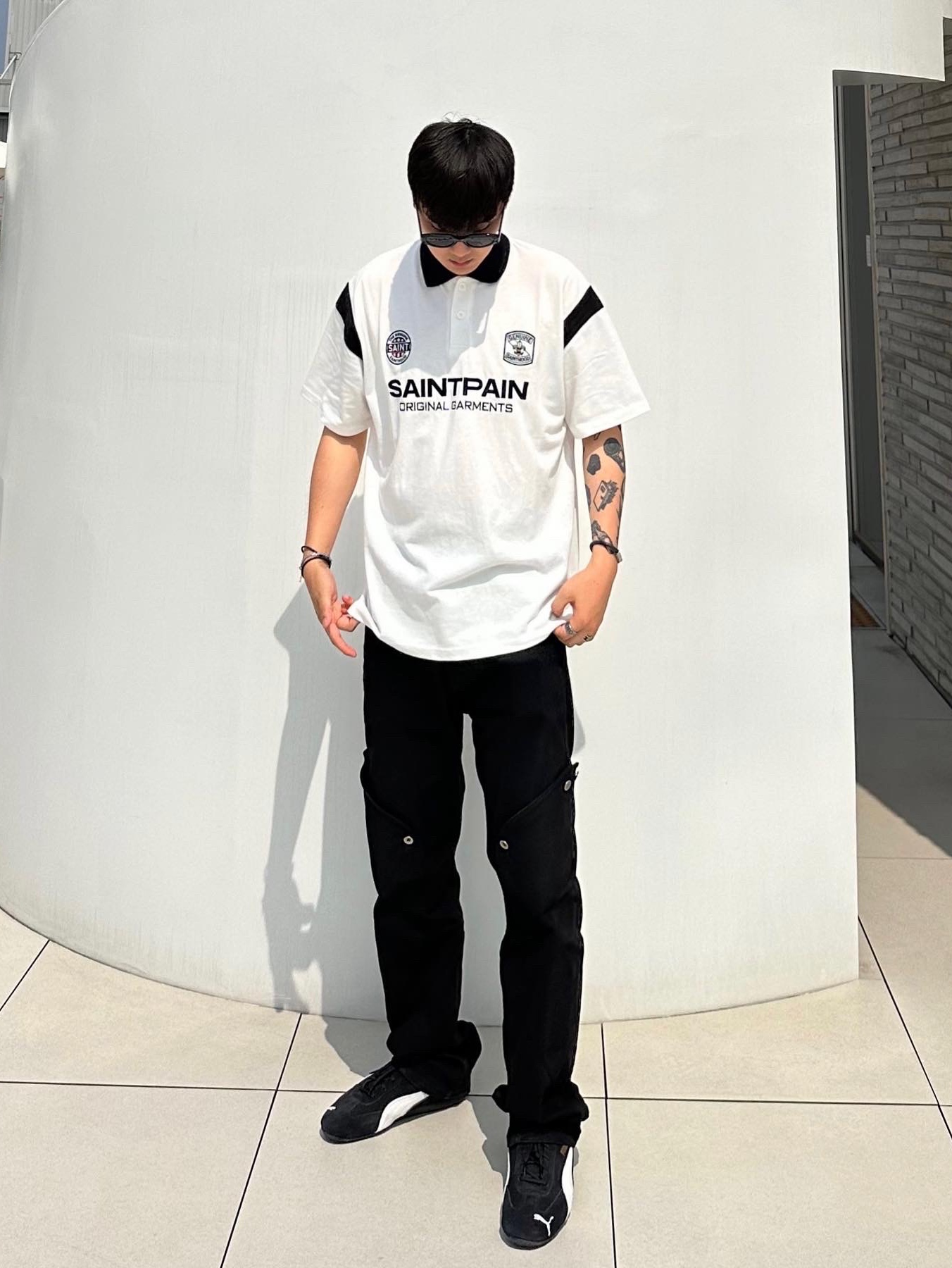 Puma Speedcat LS Black White 착용 스타일 - 1