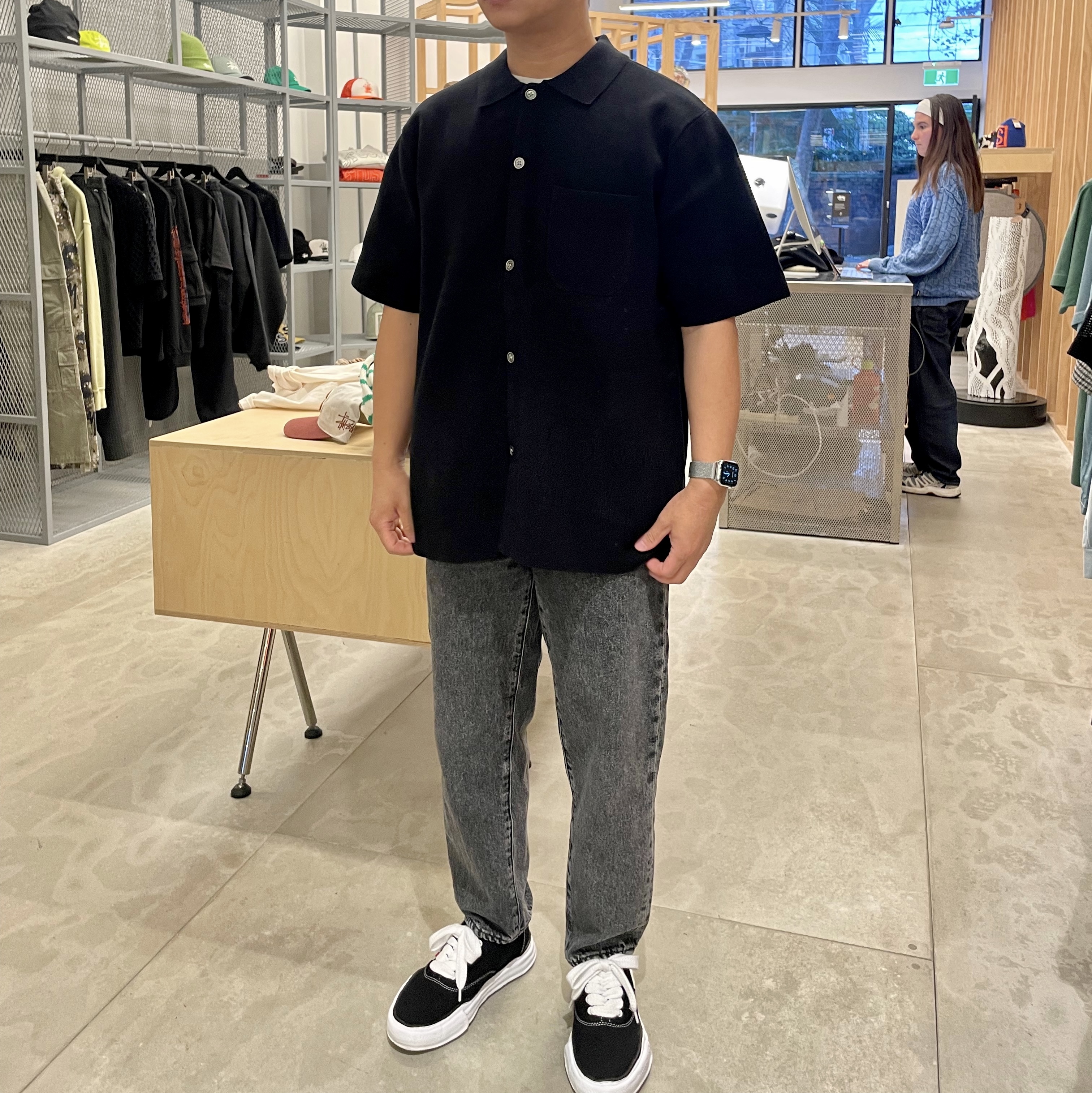 Maison Mihara Yasuhiro Baker OG Sole Canvas Low Cut Sneakers Black, Stussy Perforated Swirl Knit Shirt Black 착용 스타일