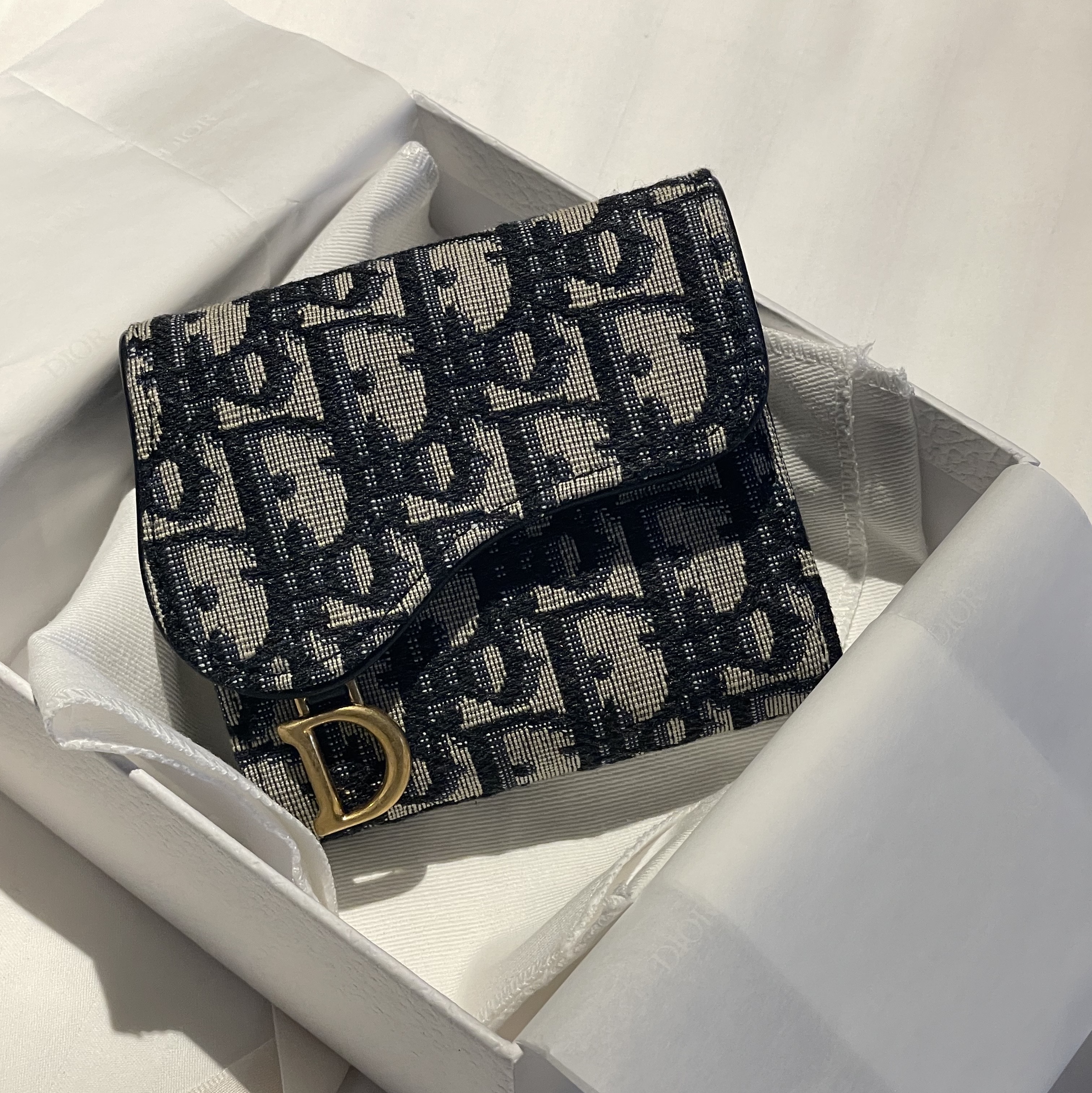 Dior Saddle Lotus Wallet Blue Dior Oblique Jacquard 착용 스타일