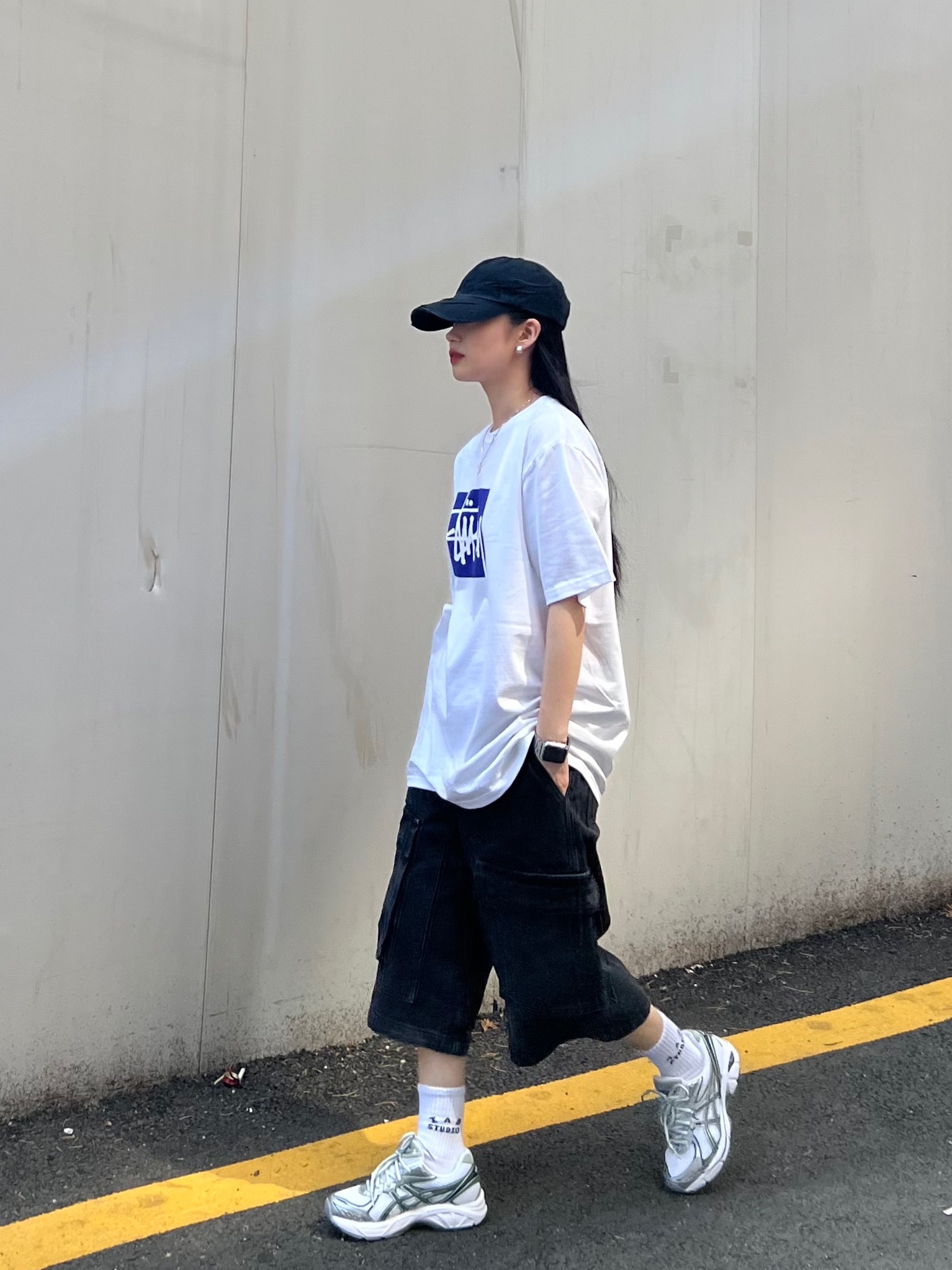 Asics GT-2160 White Shamrock Green, Stussy Stock Box T-Shirt White 착용 스타일 - 1