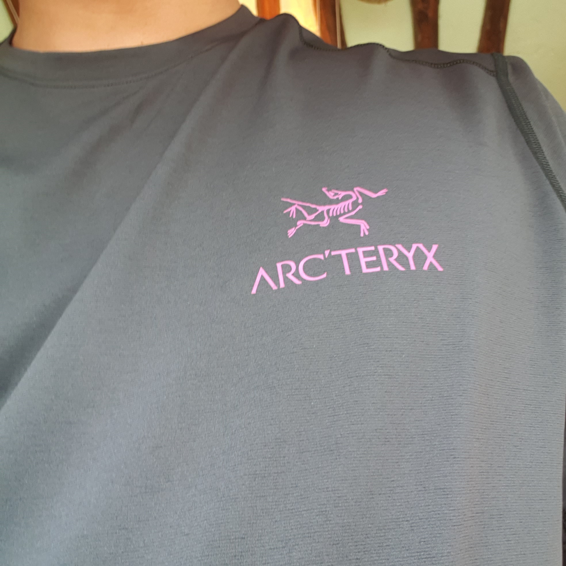 Arc'teryx Motus Arcword Crew SS T-Shirt Groovie Black Heather 착용 스타일