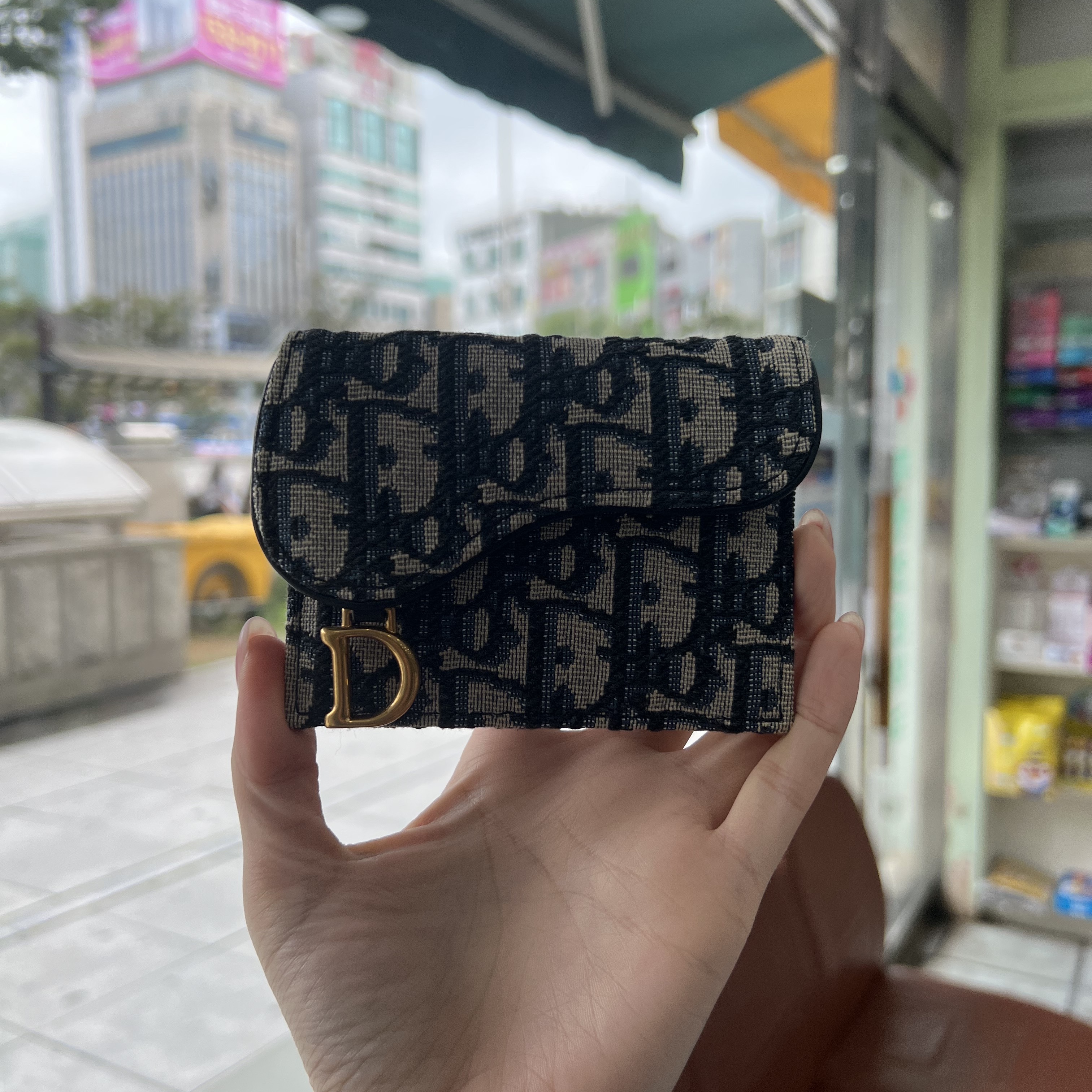 Dior Saddle Card Holder Blue Dior Oblique Jacquard 착용 스타일