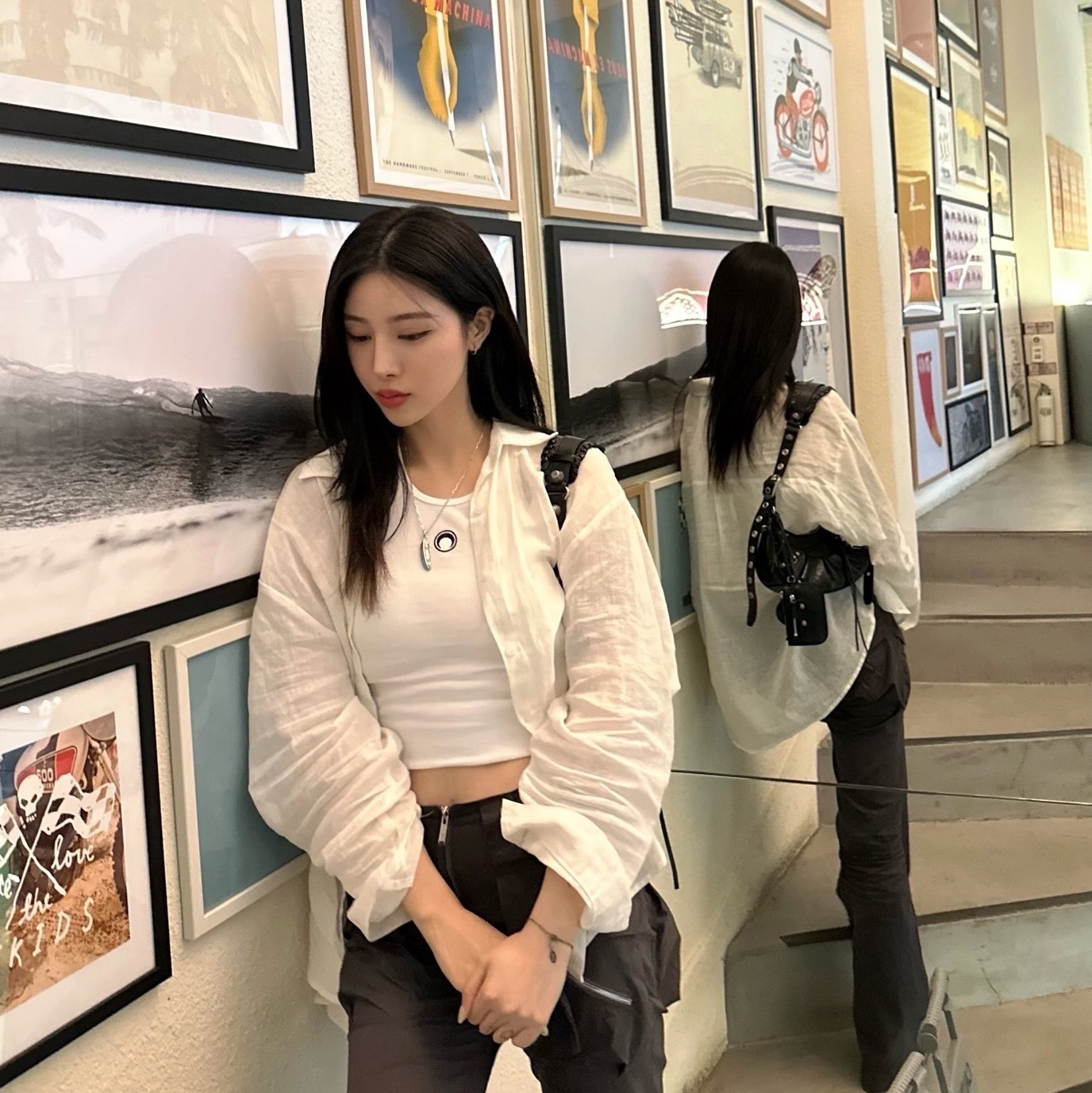 Marine Serre Organic Cotton Fitted Tank Top White, Balenciaga Arena Lambskin Le Cagole XS Shoulder Bag Black 착용 스타일 - 2