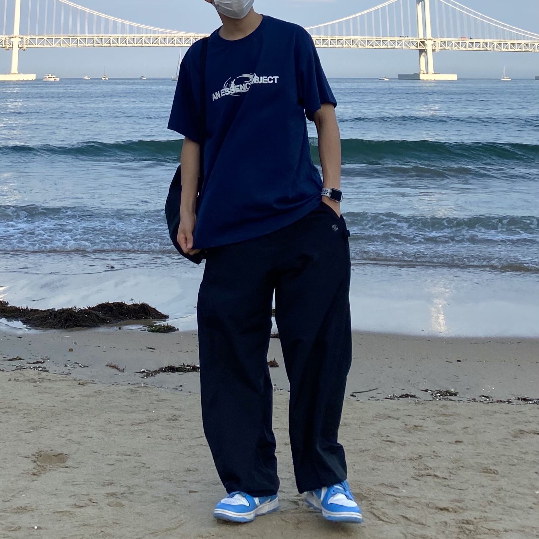 Nike Dunk Low Retro University Blue, Sansan Gear Side Snap Pants Black 착용 스타일