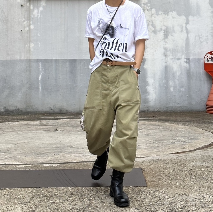 Kapital Sulfurized Herringbone Easy Baker Pants Studs Remake Khaki 착용 스타일