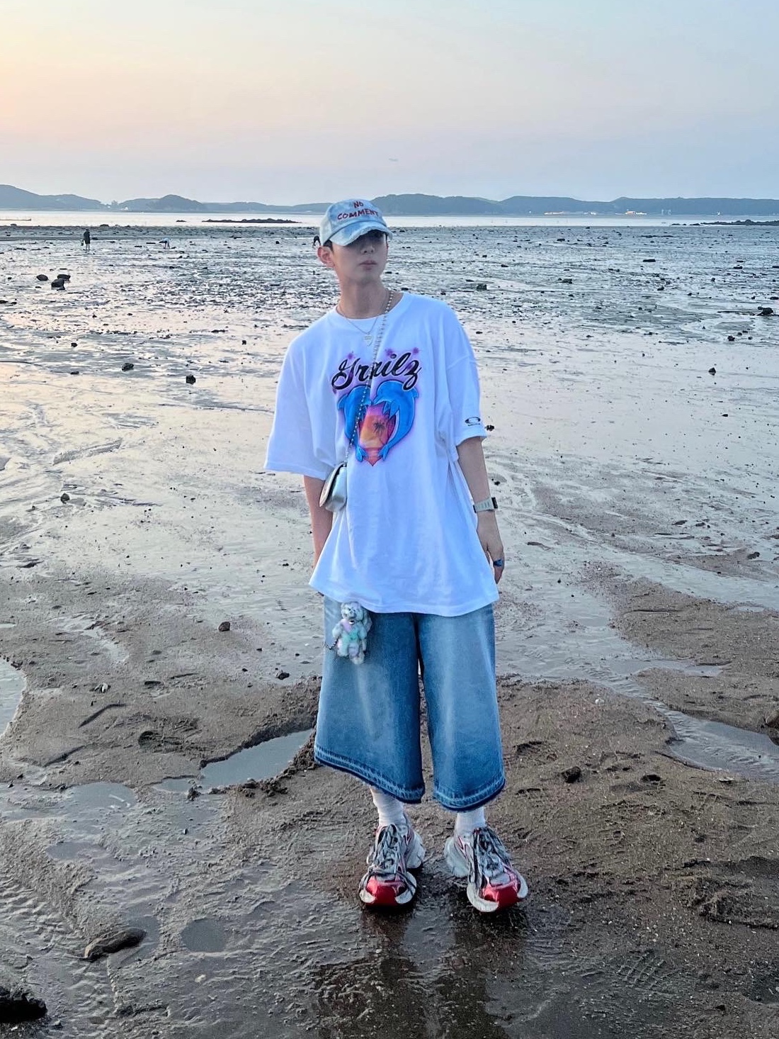 Nos Couleurs No Comment Cap Denim, Balenciaga 3XL Sneakers White Red 착용 스타일 - 4