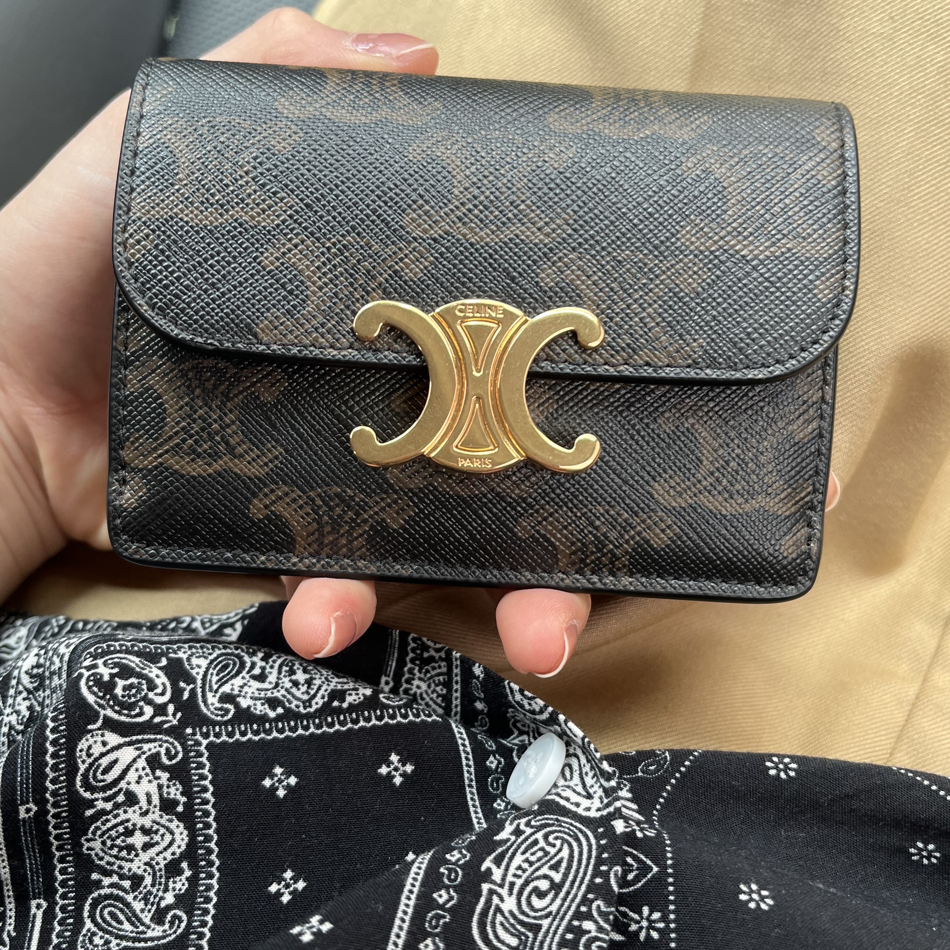 Celine Card Holder with Flap in Triomphe Canvas Tan 착용 스타일 - 1
