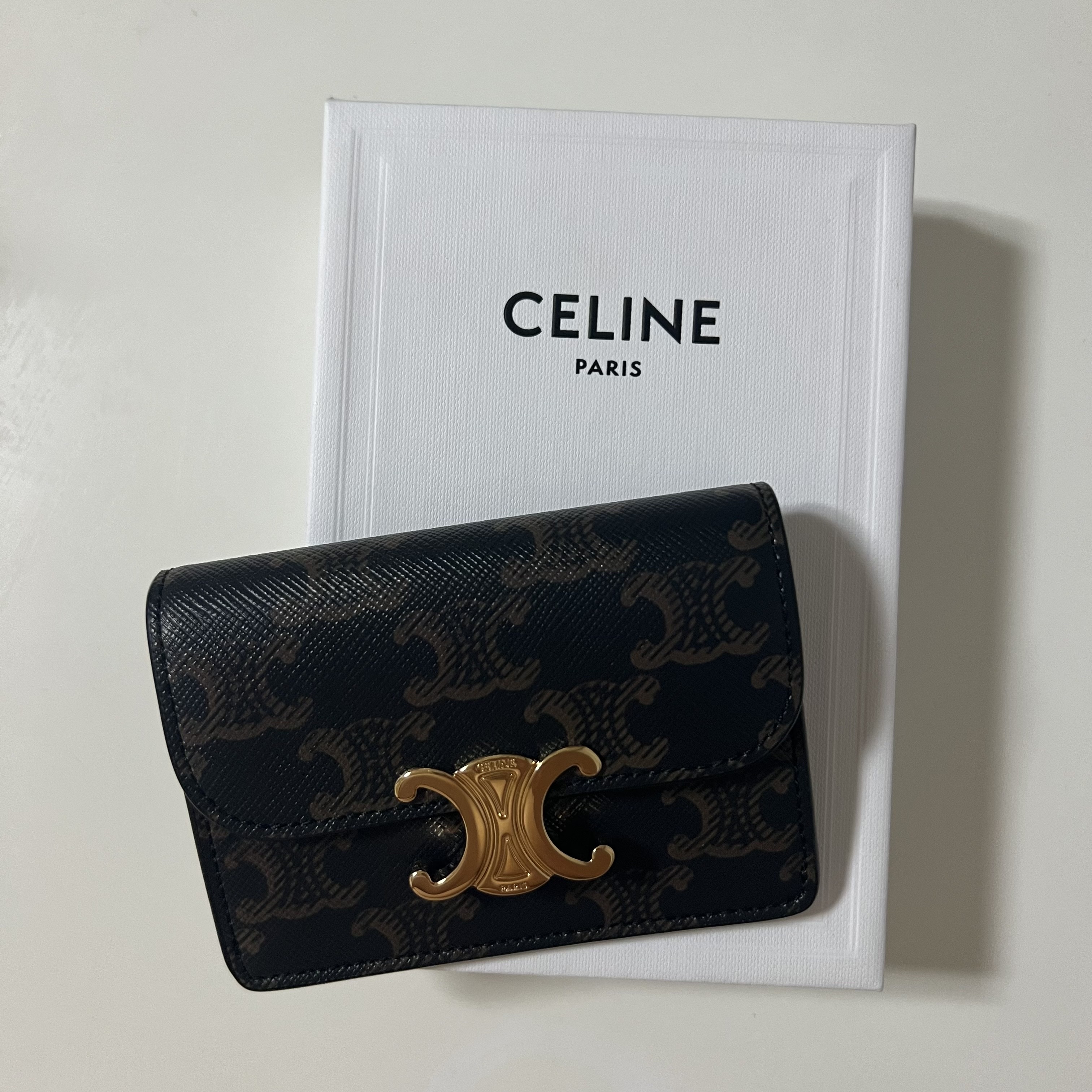 Celine Card Holder with Flap in Triomphe Canvas Tan 착용 스타일