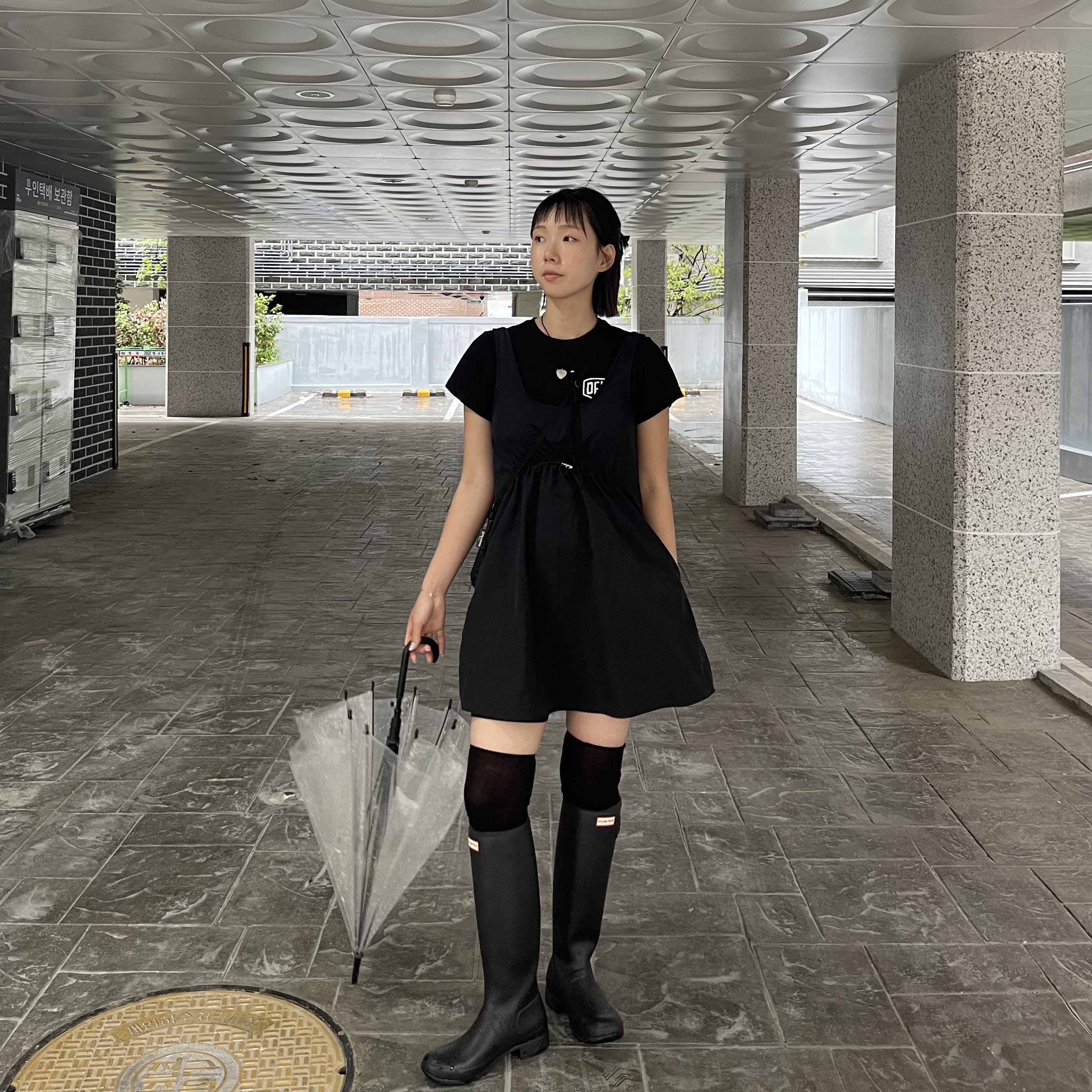 (W) Hunter Original Tall Rain Boots Black, (Kids) Deus Ex Machina College Seoul T-Shirt Black 착용 스타일 - 1