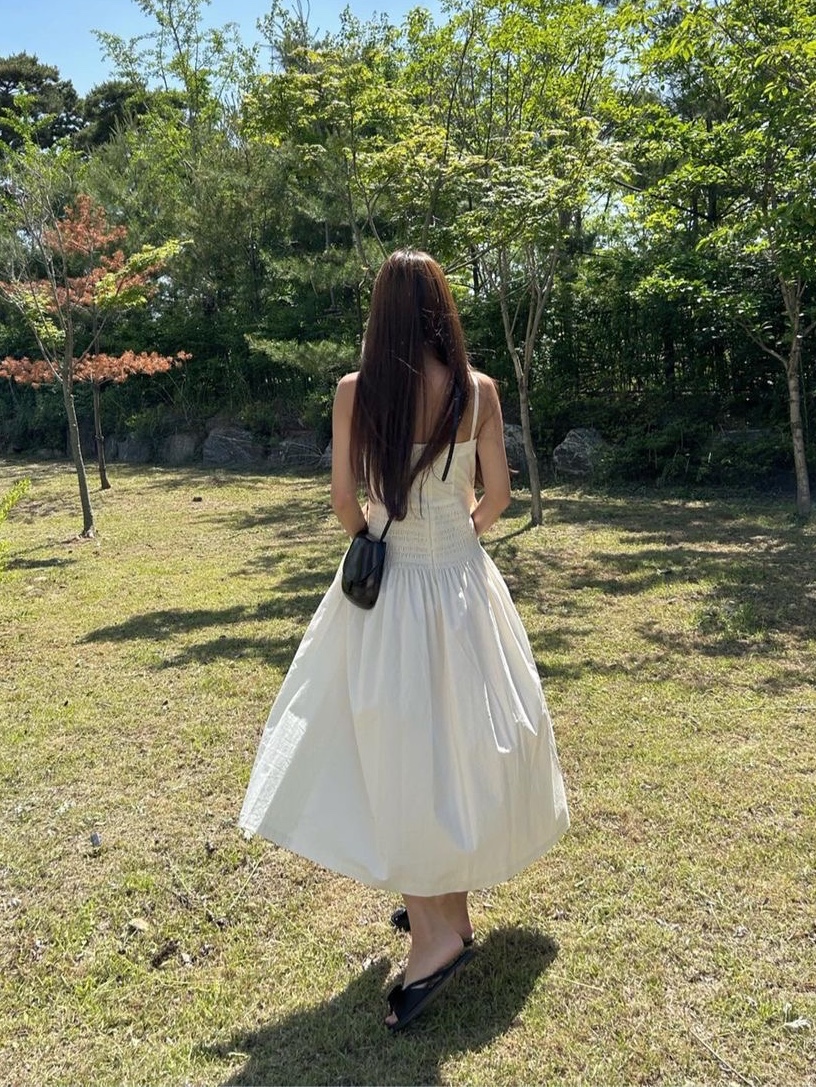 Kindersalmon Women Smocking Shirring Dress Cream 착용 스타일 - 3