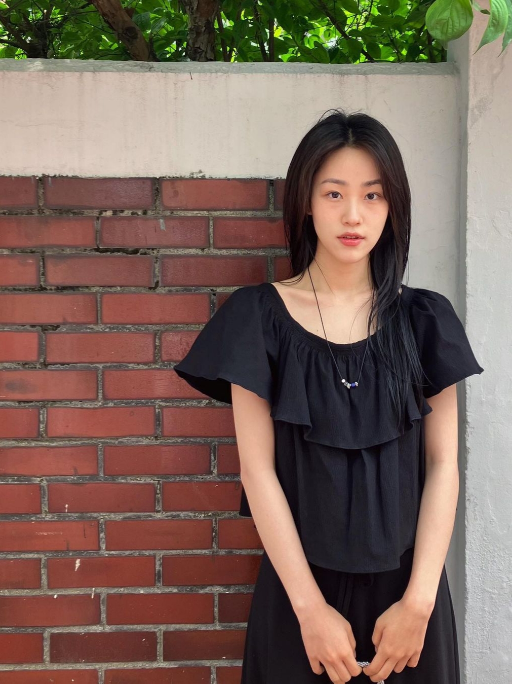 Kindersalmon Women Gathered Waist Cotton Top Black 착용 스타일 - 1