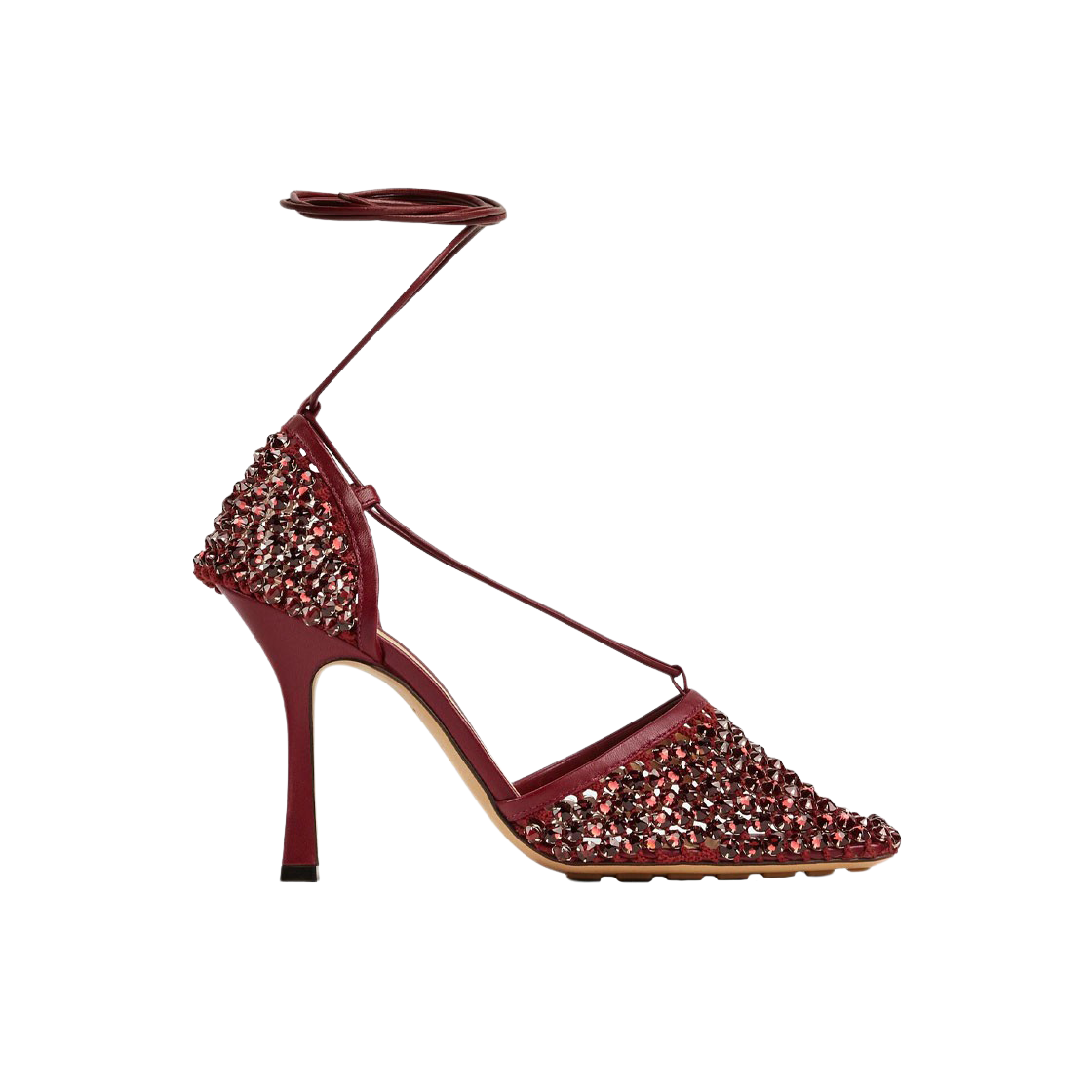 667206V0GU16084 (W) Bottega Veneta Sparkle Stretch Lace-Up Sandal Cherry