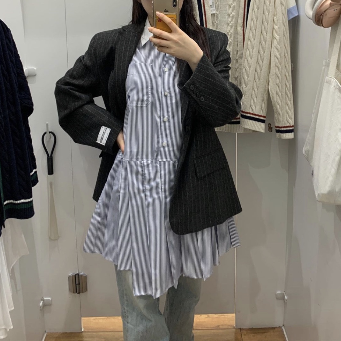 Zara x Ader Error Striped Oversize Blazer Grey, (W) Nike Dunk Low Venice 착용 스타일 - 3