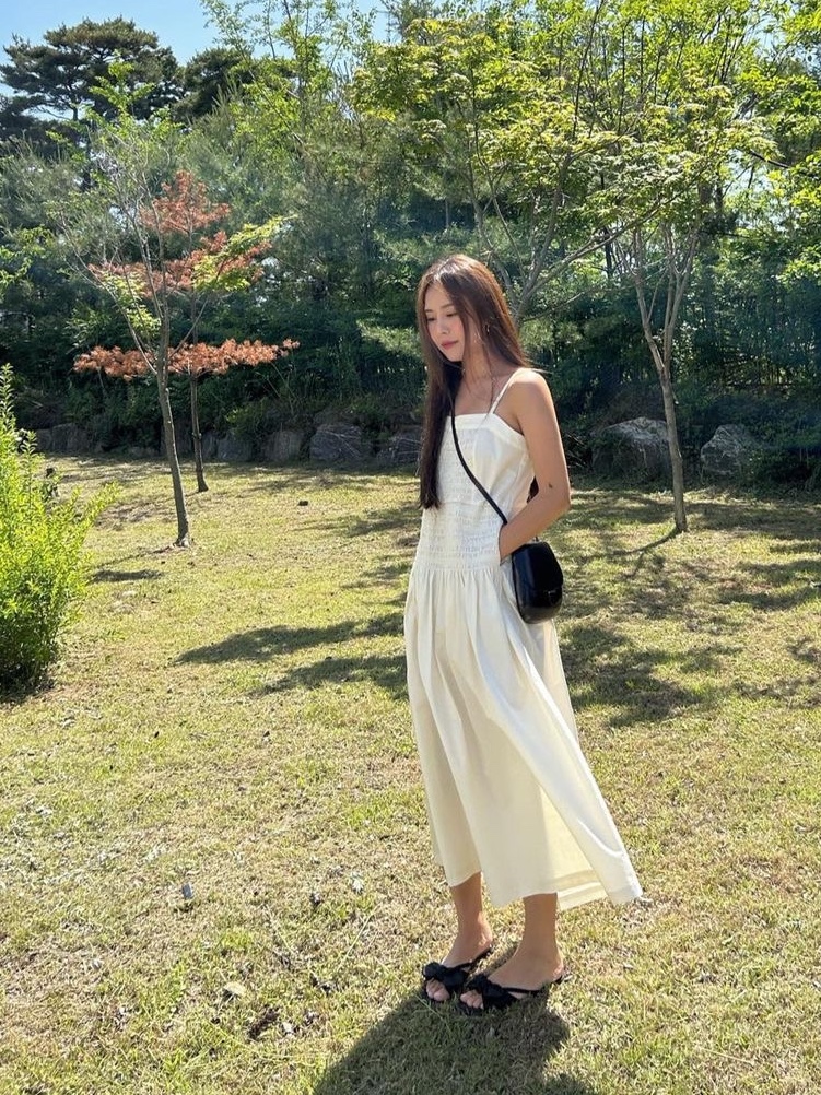 Kindersalmon Women Smocking Shirring Dress Cream 착용 스타일 - 2