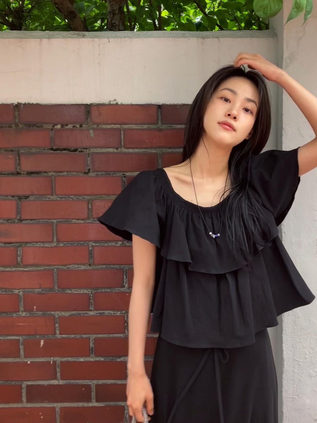 Kindersalmon Women Gathered Waist Cotton Top Black 착용 스타일 - 2
