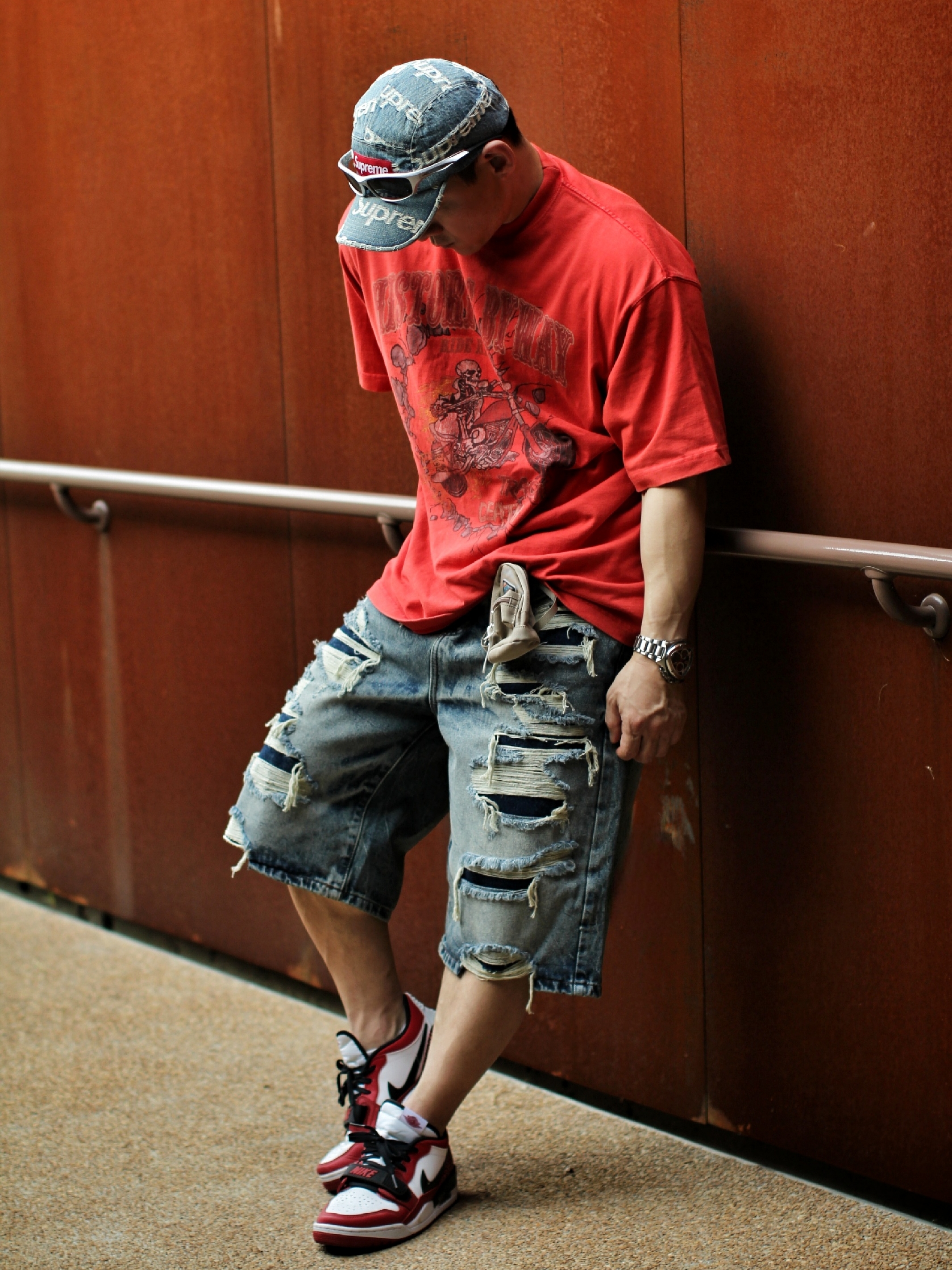 Jordan Legacy 312 Low Chicago 2022, Supreme Frayed Logos Denim Camp Cap Blue - 21SS 착용 스타일 - 1