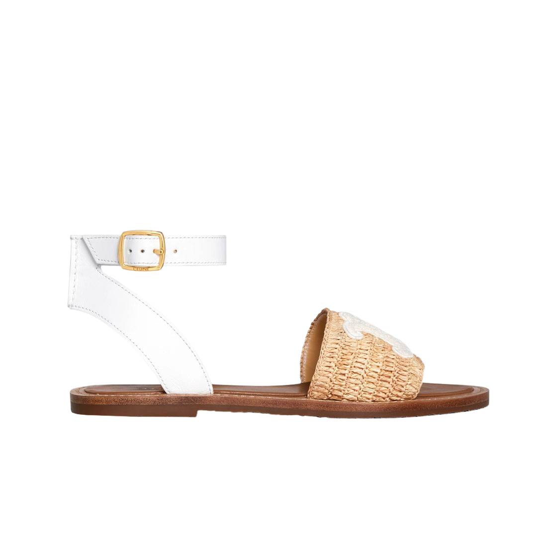 352402248C-02GH (W) Celine Lympia Flat Strap Sandal in Raffia and Calfskin Beige White