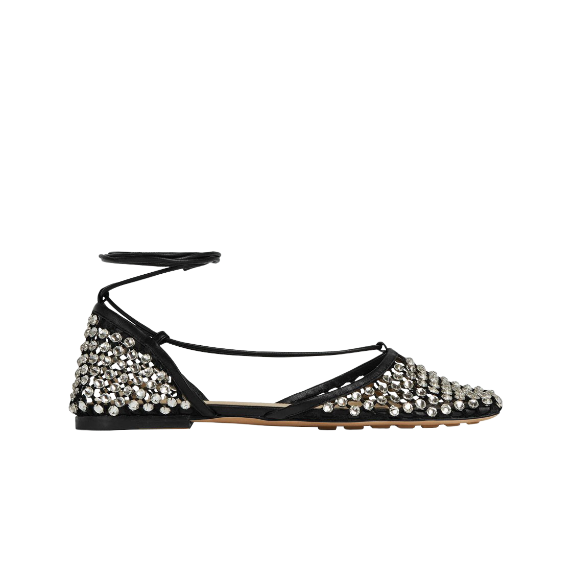 (W) 보테가 베네타 스파클 스트레치 레이스업 플랫 샌들 블랙 크리스탈((W) Bottega Veneta Sparkle Stretch Lace-Up Flat Sandal Black Crystal) - 1