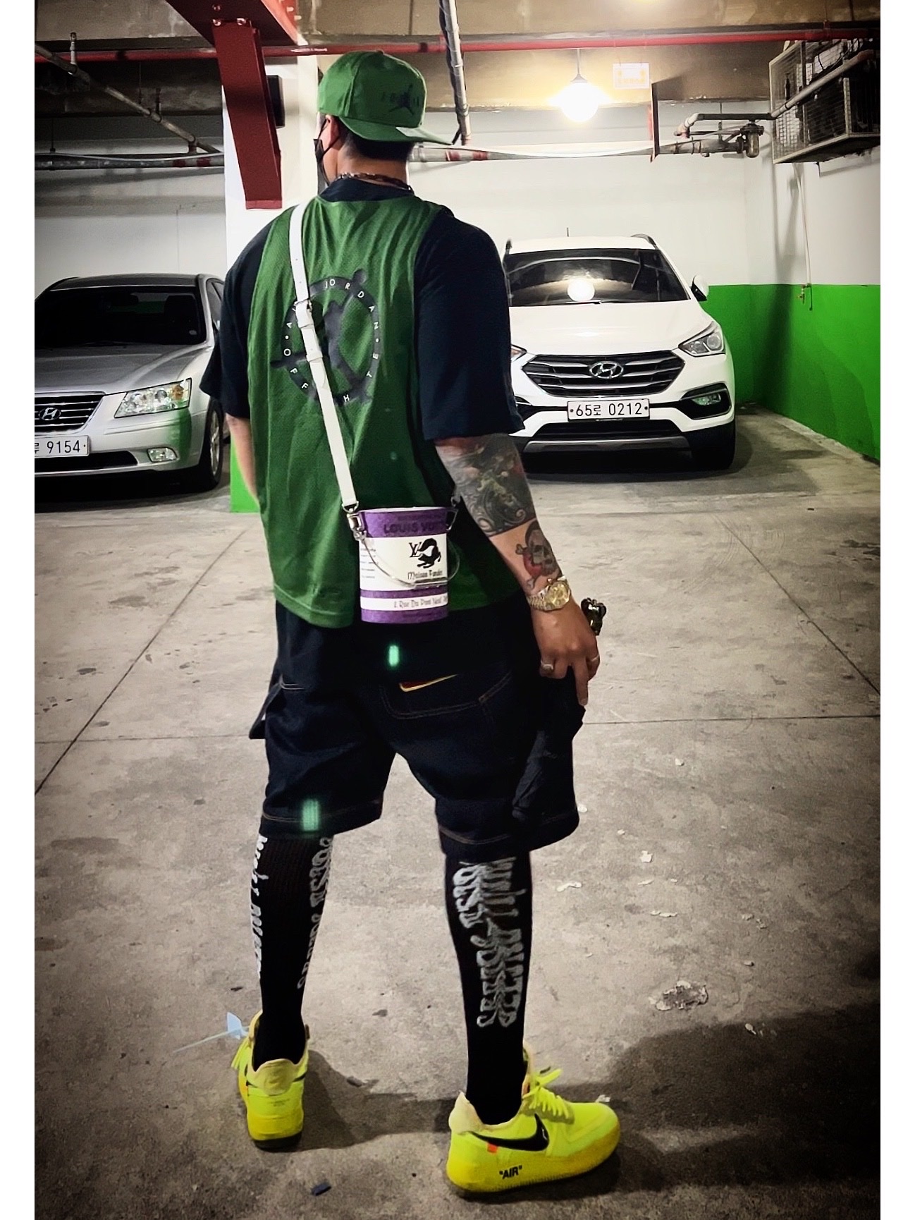 Jordan x Off-White Pro Jumpman Air Cap Forest Green, Jordan x Off-White S/S Top Forest Green Black - US/EU 착용 스타일 - 1