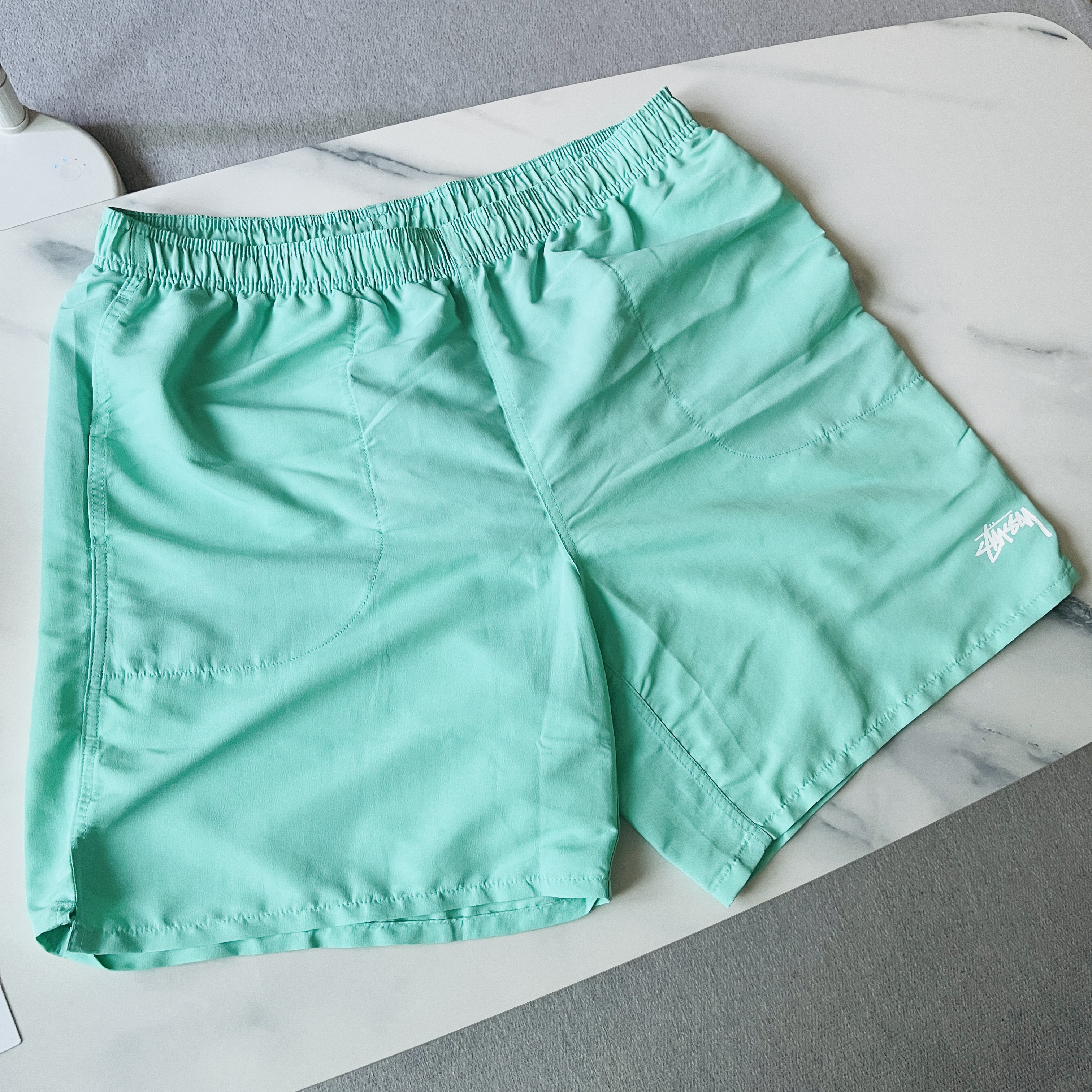 Stussy Stock Water Shorts Aqua, Nike x Stussy Air Penny II Rattan and Limestone 착용 스타일 - 2