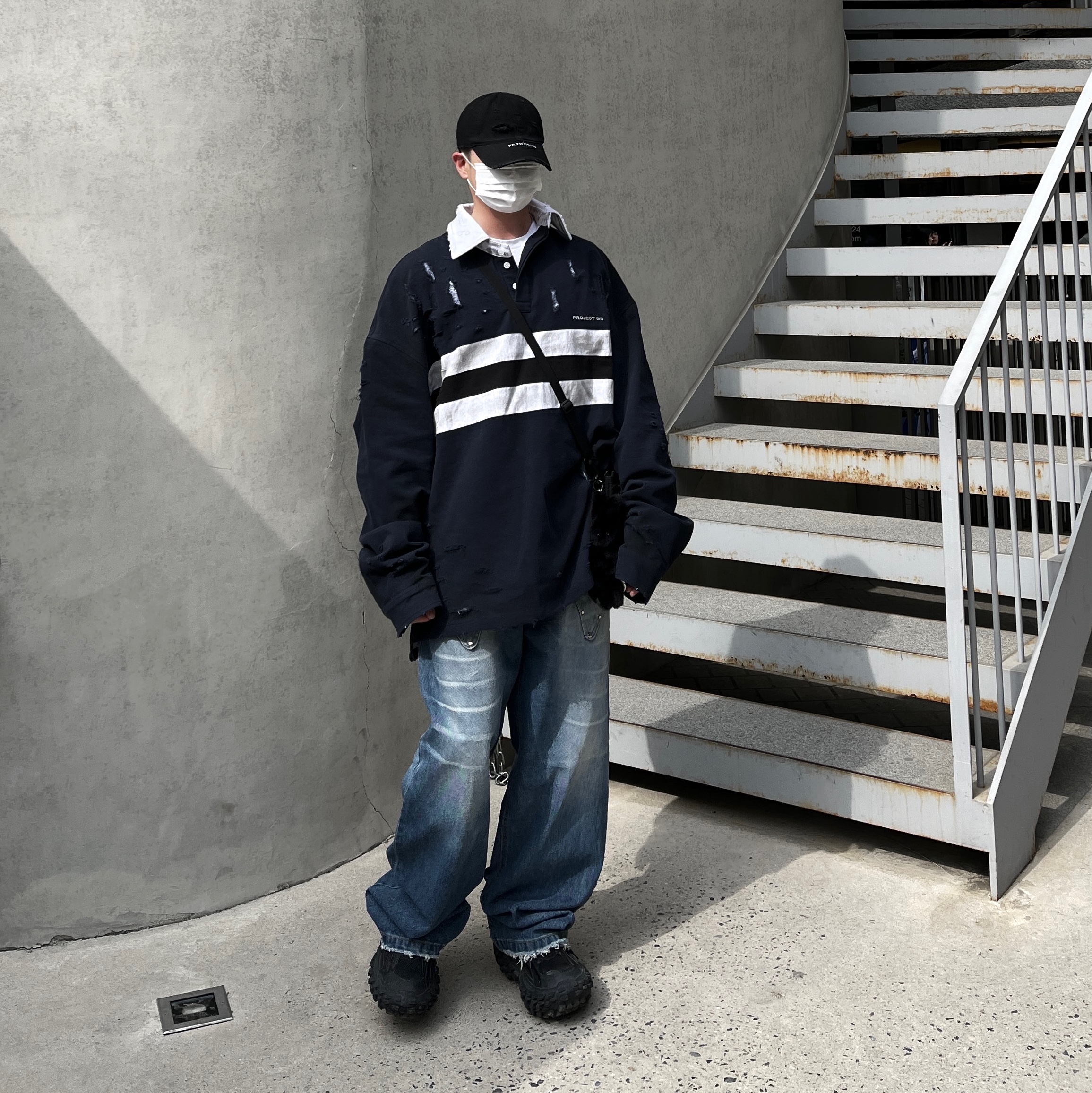 Project G/R Bullied Polo Shirts Navy, Project G/R Distressed Filth Club Cap Washed Black 착용 스타일 - 1