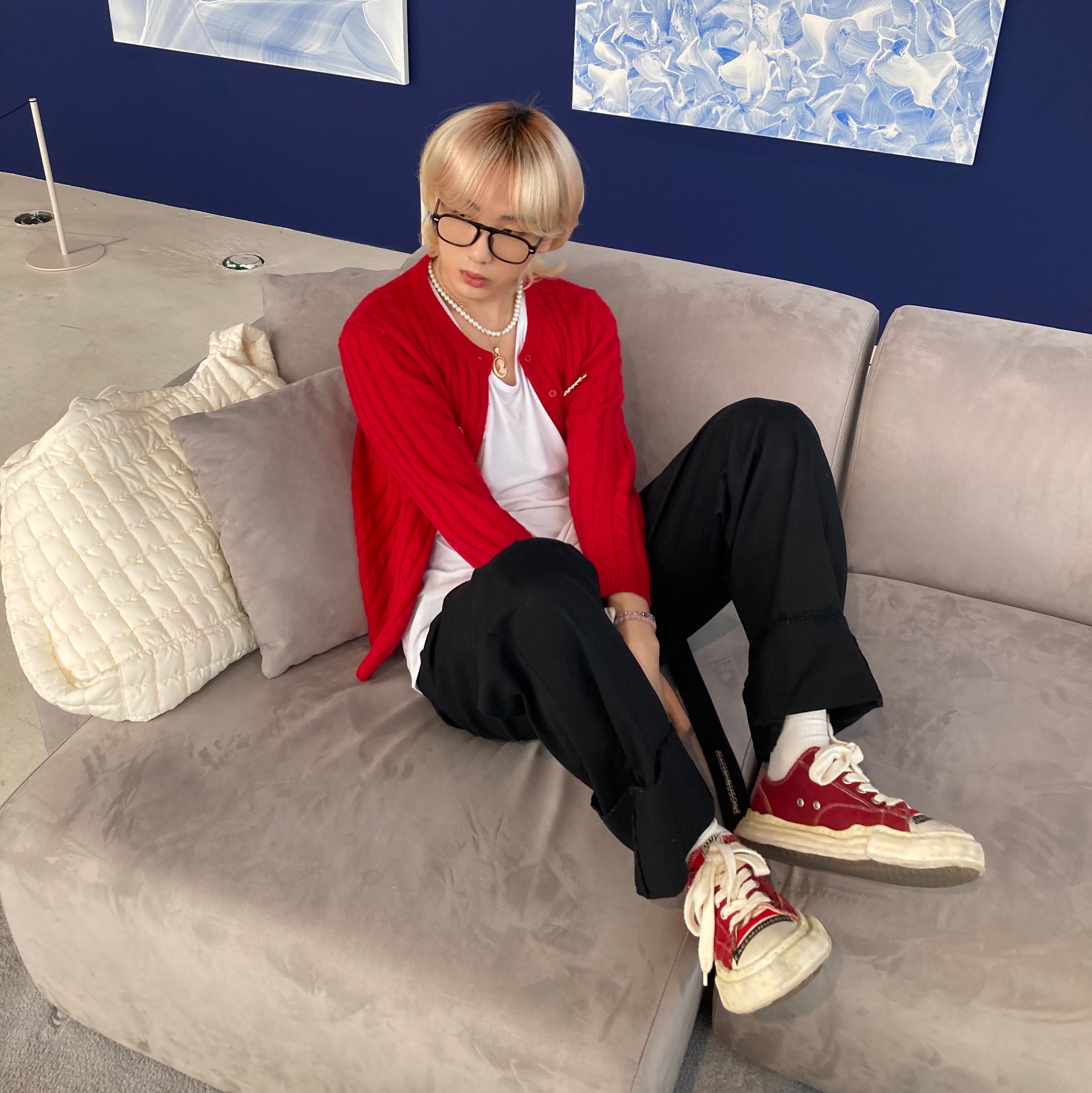 Maison Mihara Yasuhiro Peterson OG Sole OD Canvas Low-top Sneakers Red, Peaceminusone Work Pants #1 Black 착용 스타일 - 4
