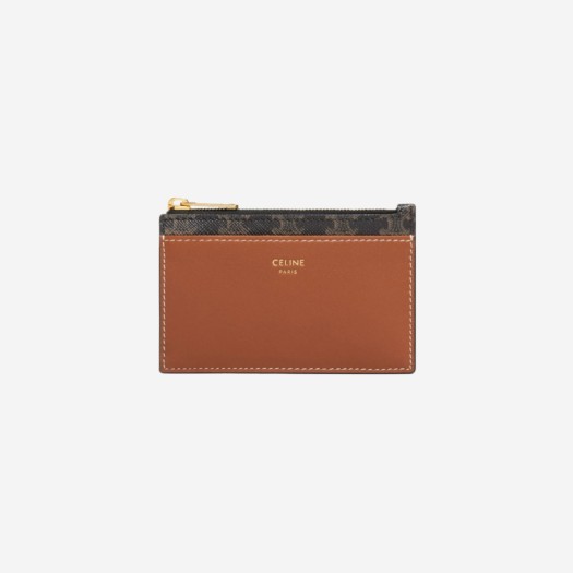 Celine Zipped Card Holder in Triomphe Canvas and Lambskin Tan