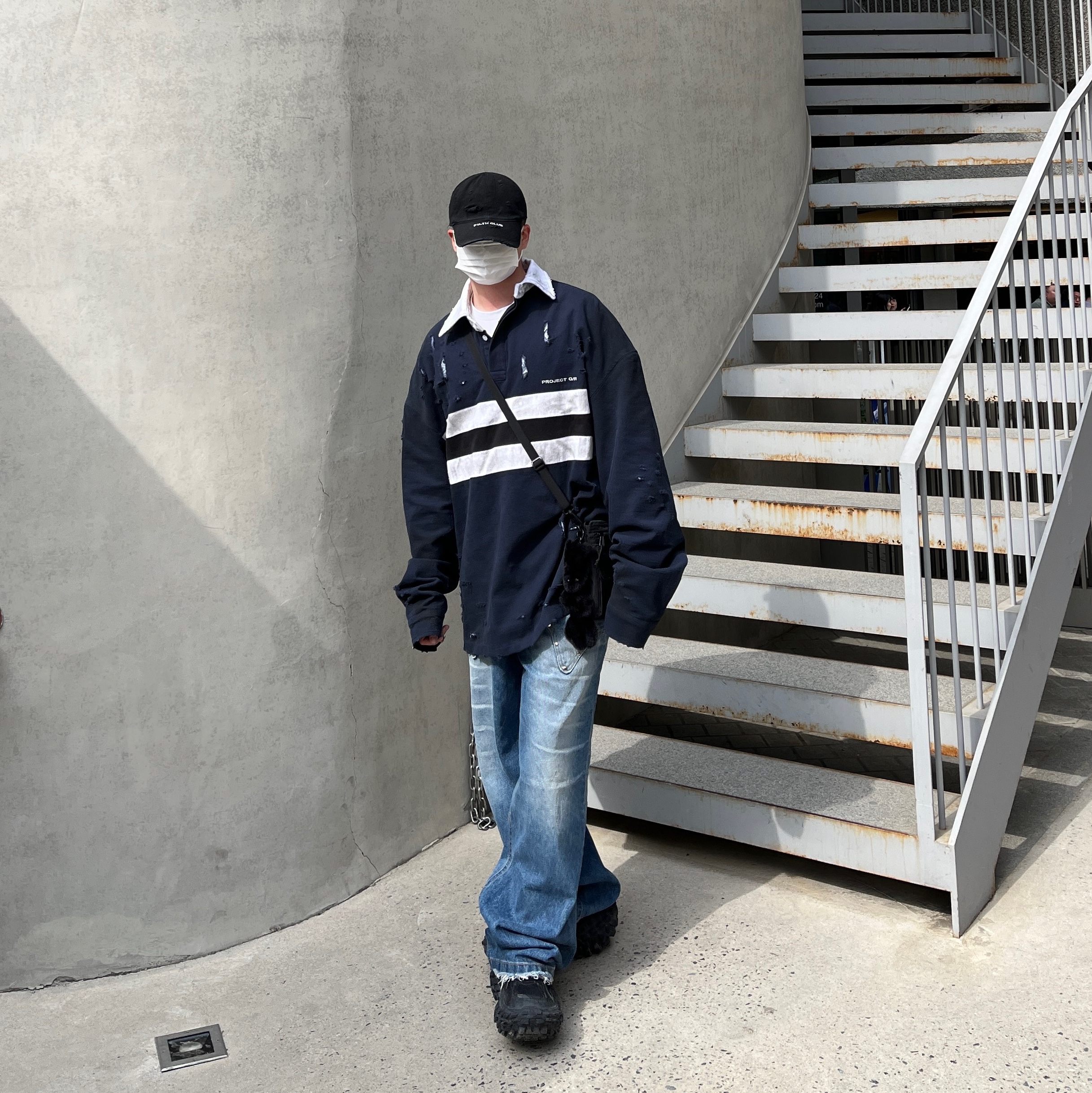 Project G/R Bullied Polo Shirts Navy, Project G/R Distressed Filth Club Cap Washed Black 착용 스타일 - 4