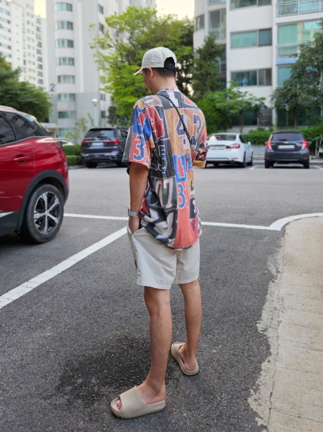 Supreme x Stone Island Reactive Ice Camo Ripstop Camp Cap Tan - 22SS, Supreme Jersey Collage S/S Top Multicolor - 23SS 착용 스타일