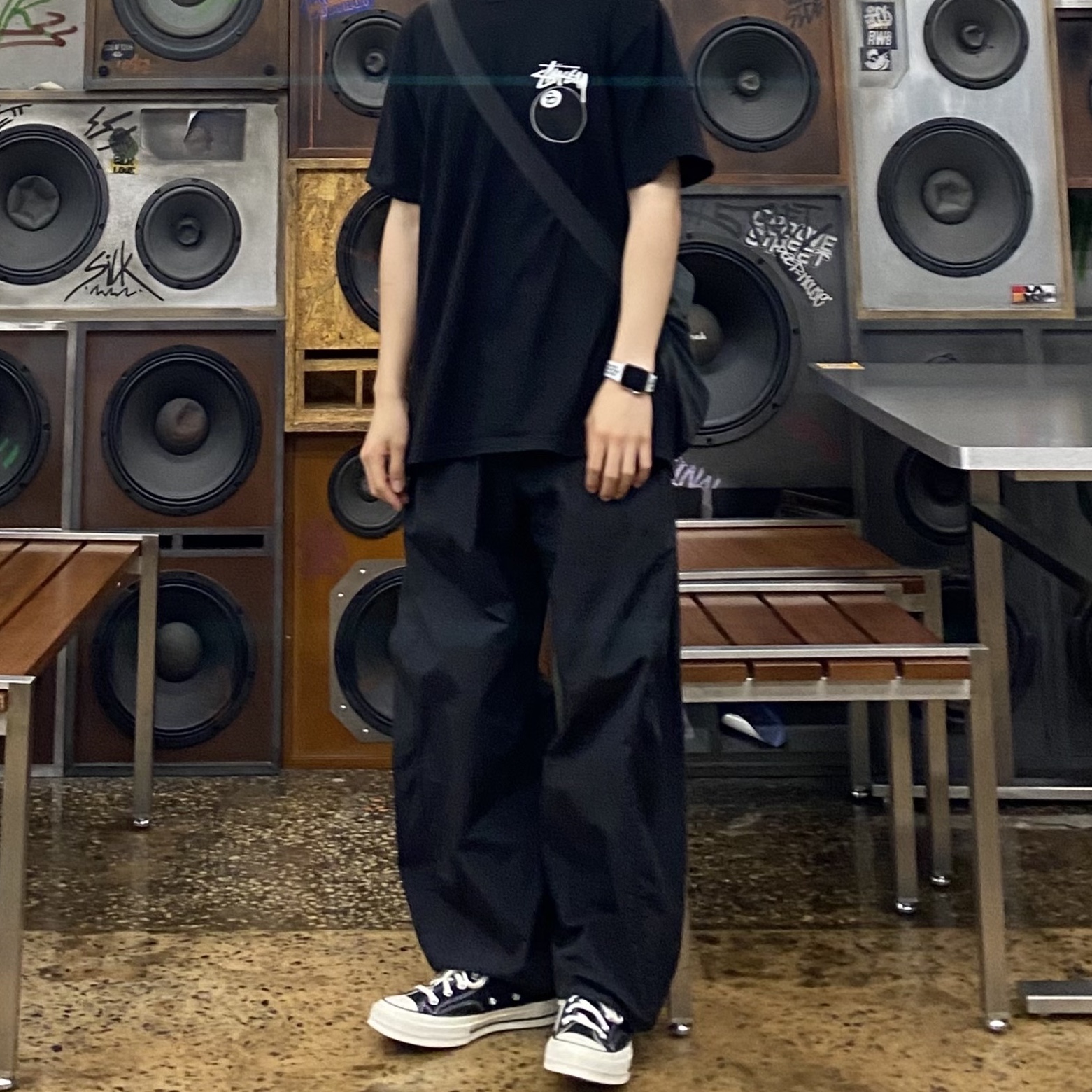 Stussy 8 Ball T-Shirt Black - 22SS, Sansan Gear Side Snap Pants Black 착용 스타일