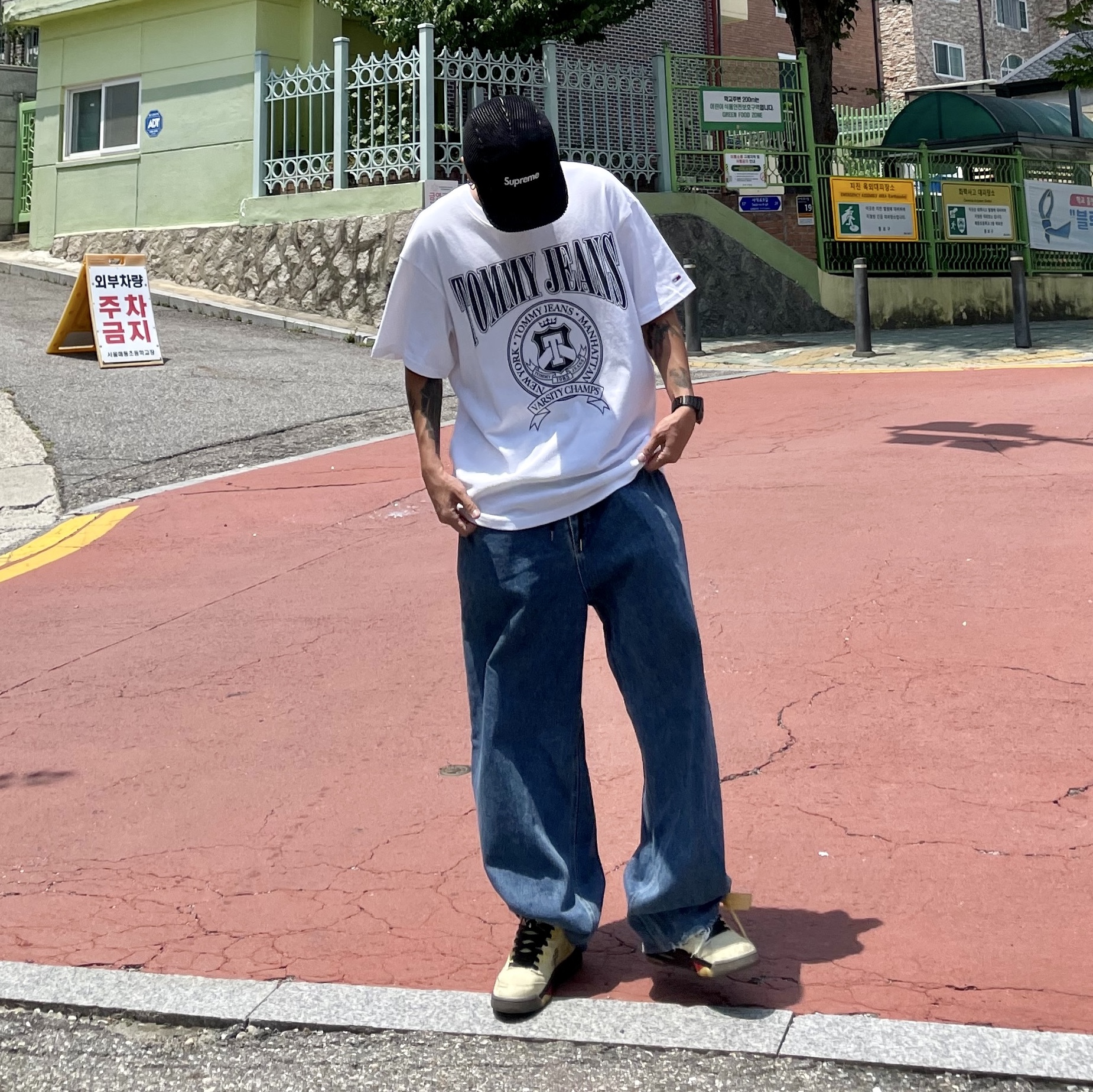 Jordan 5 x Off-White Retro SP Sail Fire Red, Supreme 2-Tone Corduroy Camp Cap Black - 23SS 착용 스타일