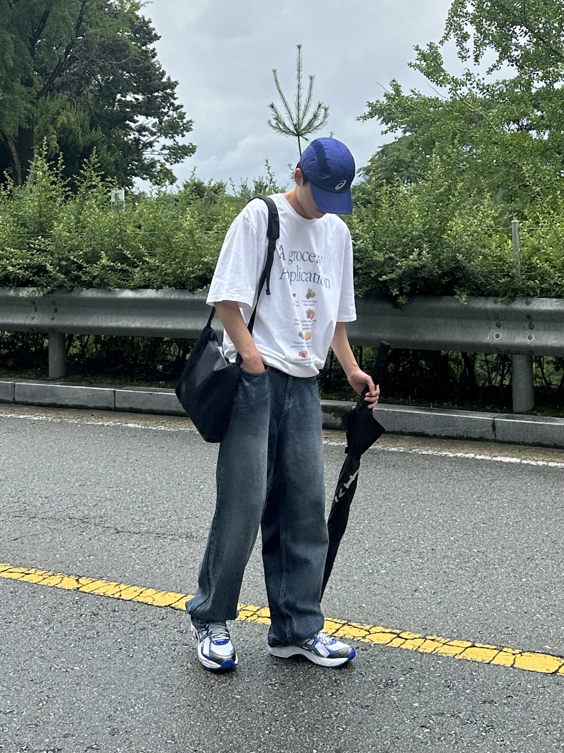 IAB Studio x Asics Navy Woven Cap, Asics GT-2160 White Illusion Blue 착용 스타일 - 1