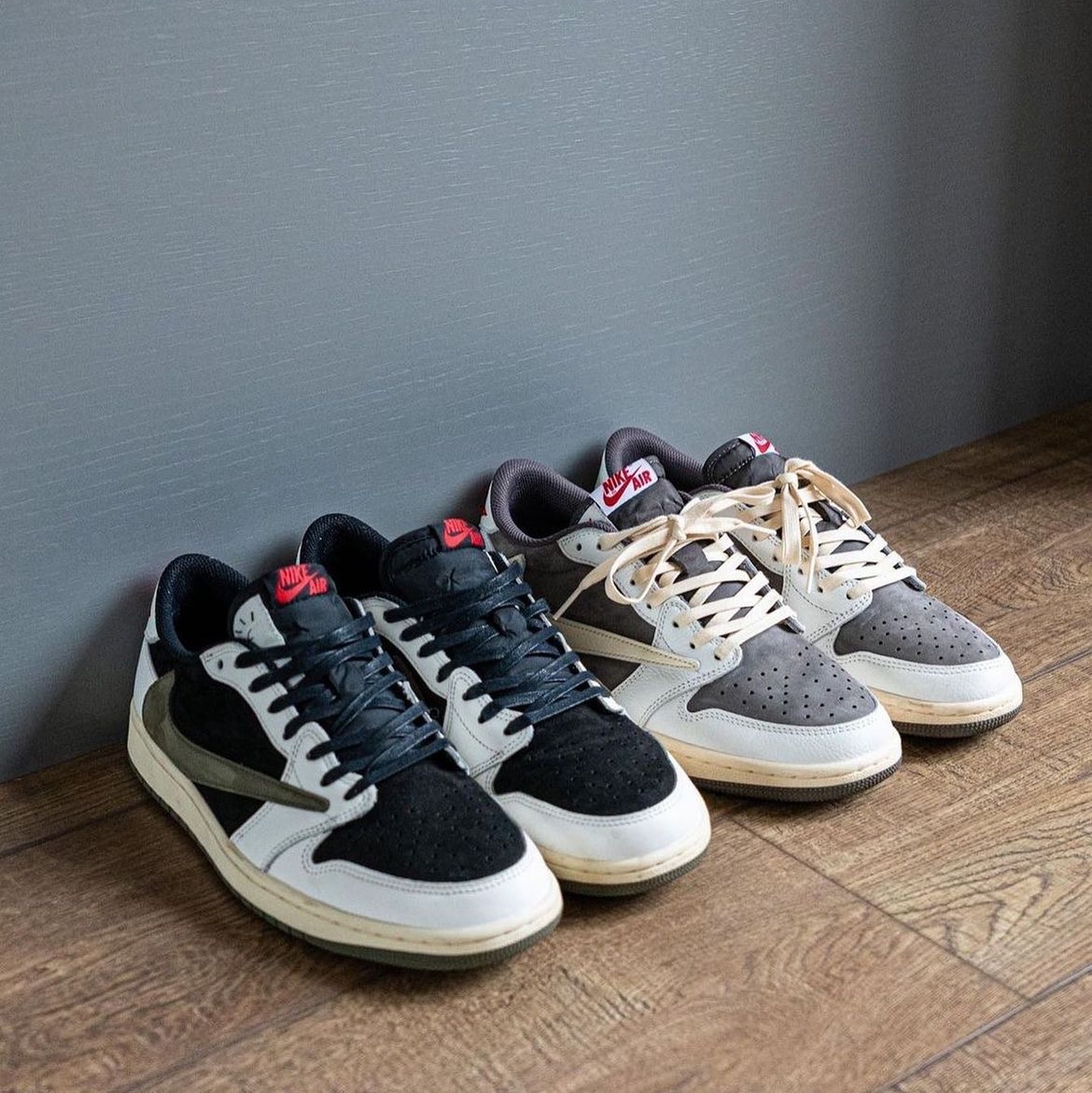 (W) Jordan 1 x Travis Scott Retro Low OG SP Medium Olive, Jordan 1 x Travis Scott Retro Low OG SP Sail and Ridgerock 착용 스타일