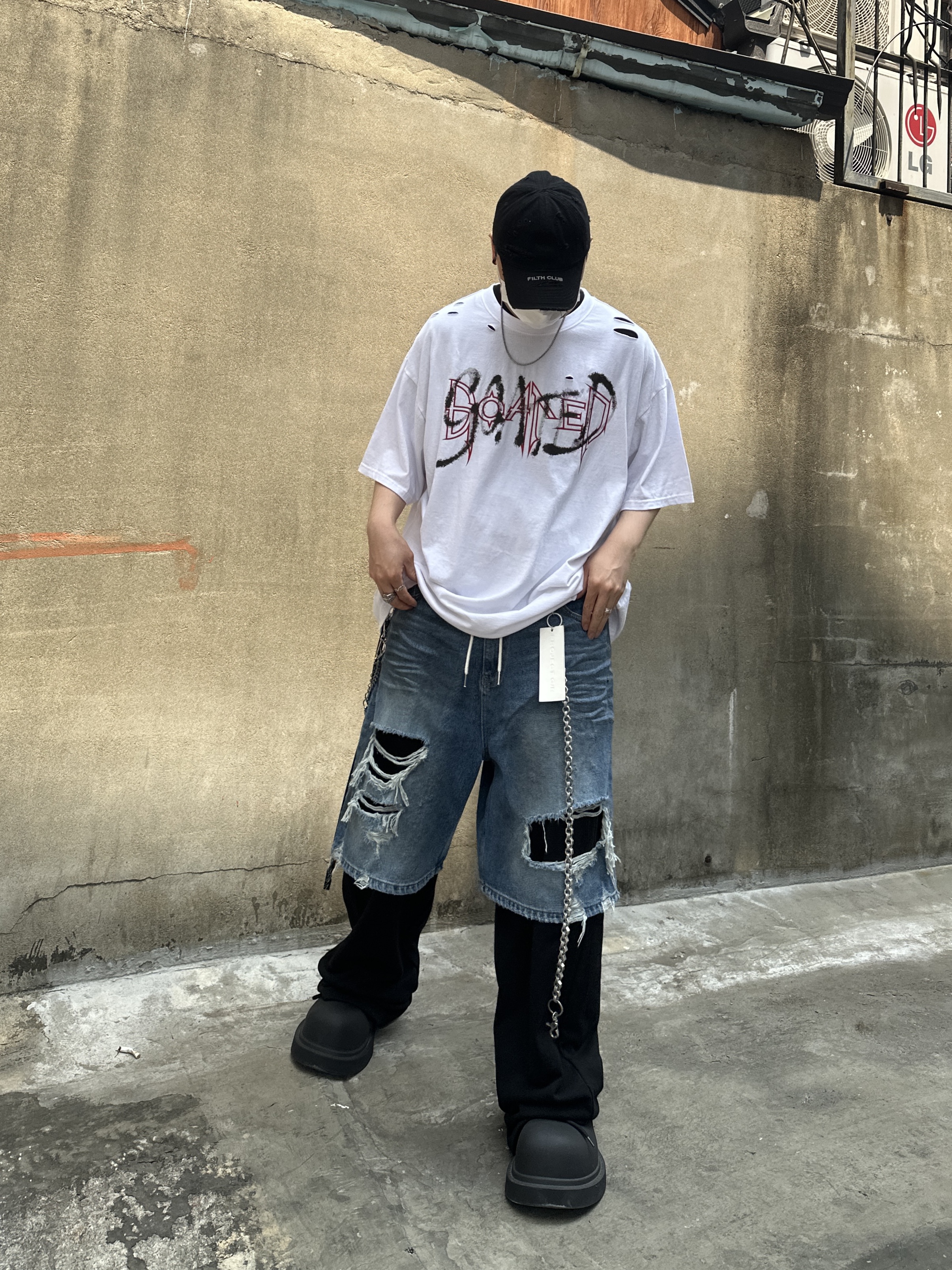 Balenciaga Steroid Derby Black, Project G/R Distressed Filth Club Cap Washed Black 착용 스타일 - 3