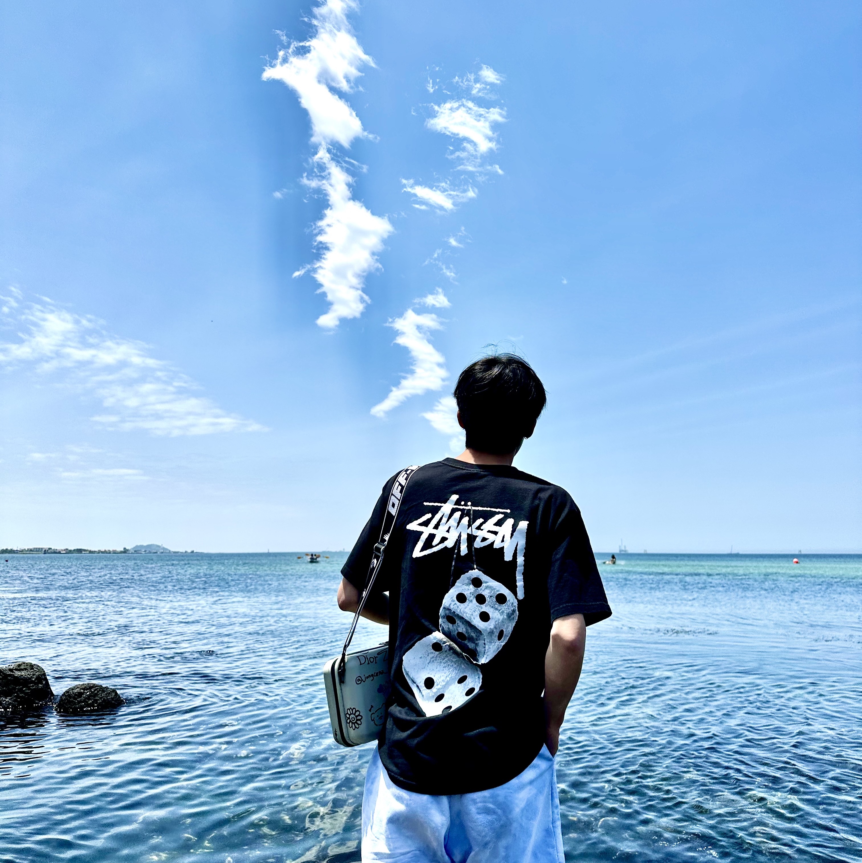 Off-White x Amore Pacific Protection Box (Without Cosmetics), Stussy Fuzzy Dice T-Shirt Black 착용 스타일 - 1