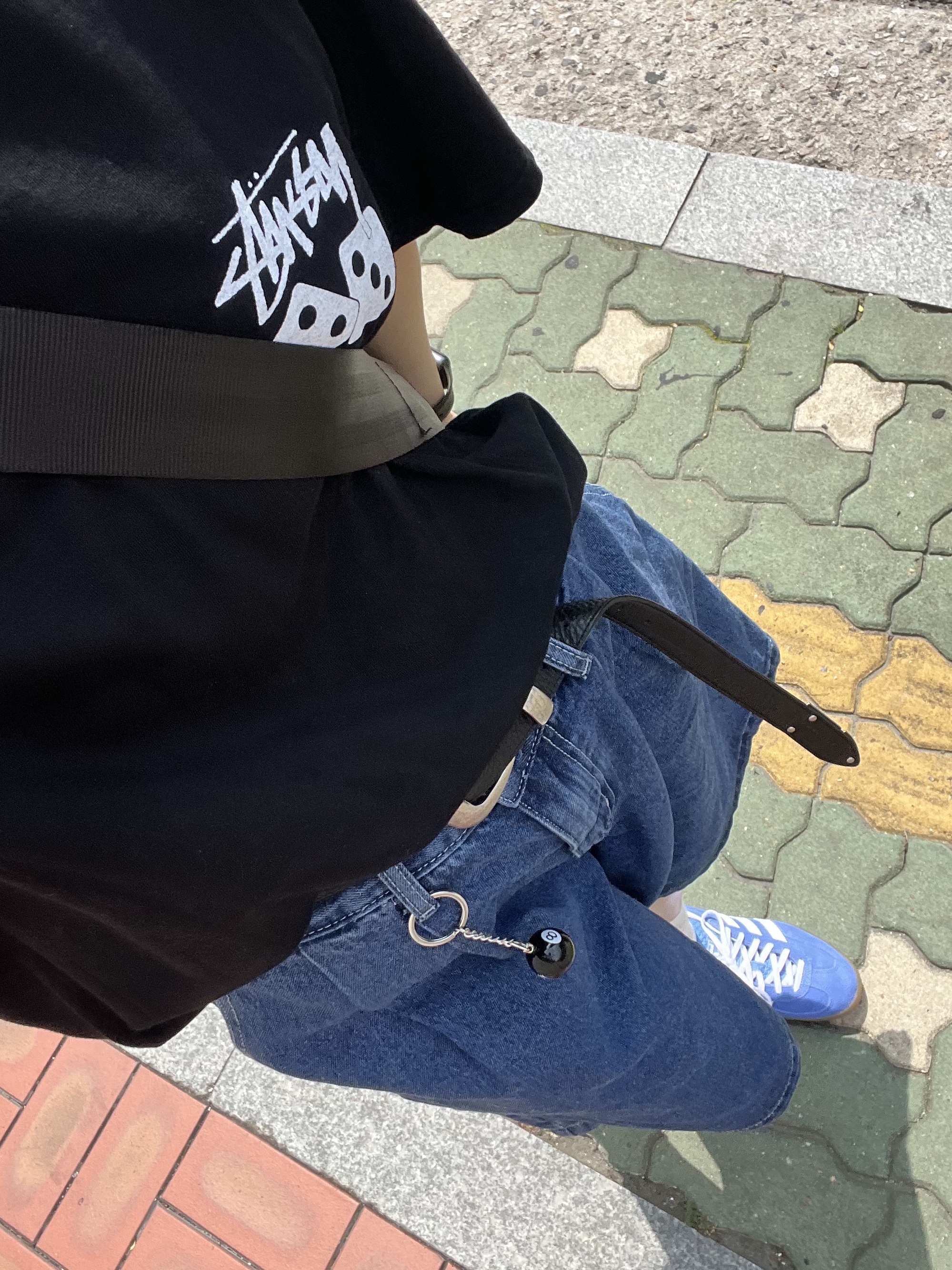 (W) Adidas Gazelle Indoor Blue Fusion Cloud White, Stussy Dice Pigment Dyed T-Shirt Black 2023 착용 스타일