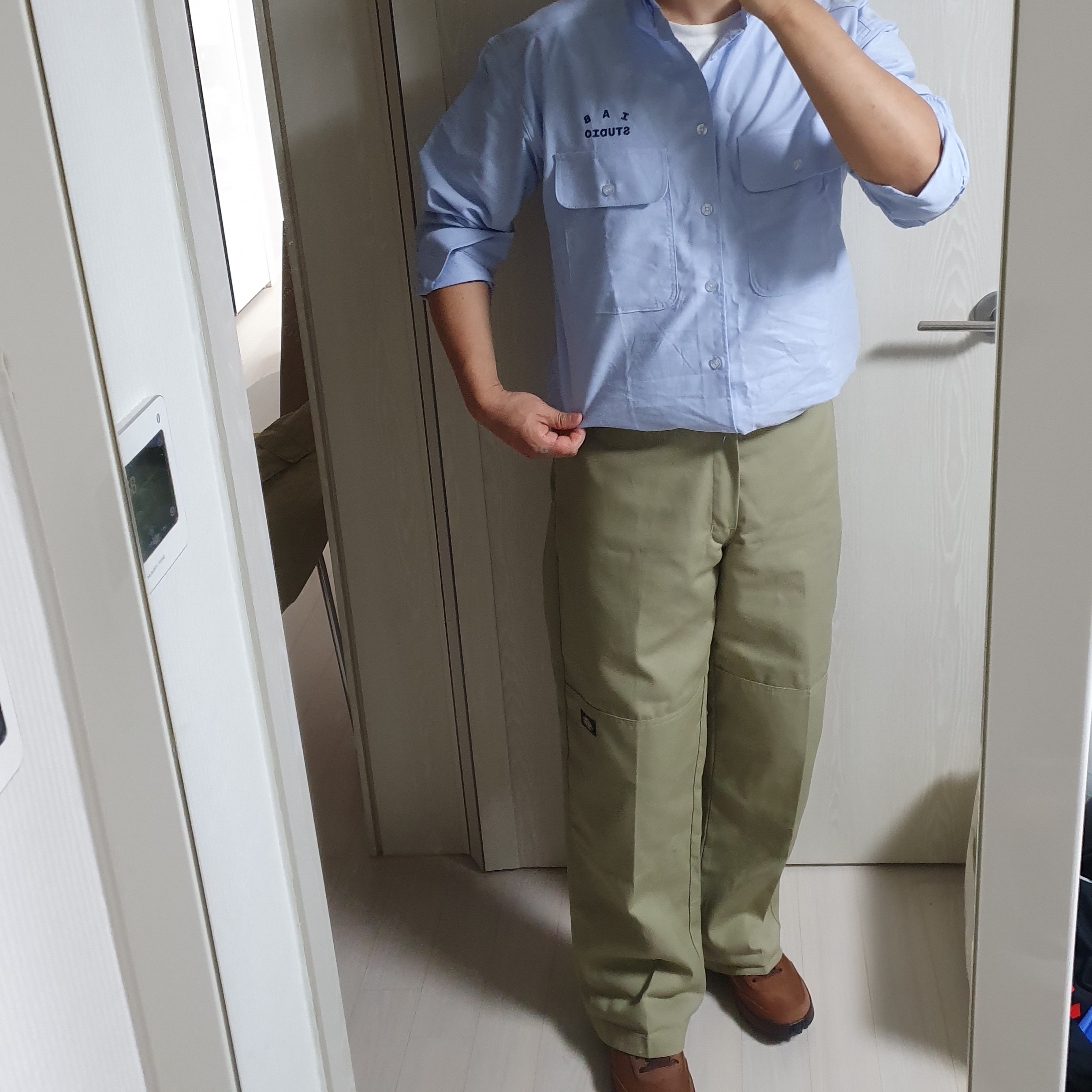 IAB Studio Work Shirt Sky Blue - The Hyundai Seoul Exclusive, Nike x Tom Sachs General Purpose Shoe Brown 착용 스타일