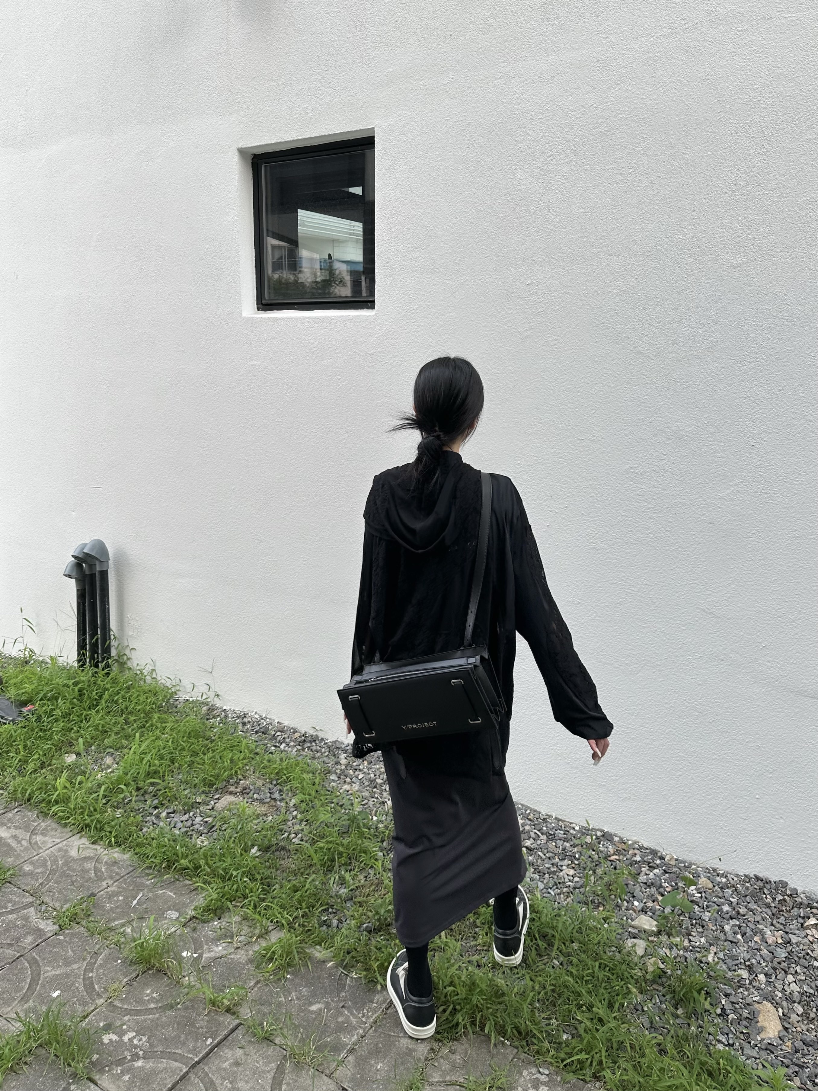 (W) Rick Owens Vintage Sneakers Black Milk White, Post Archive Faction (Paf) 5.0+ T-Shirt Right Black 착용 스타일 - 4