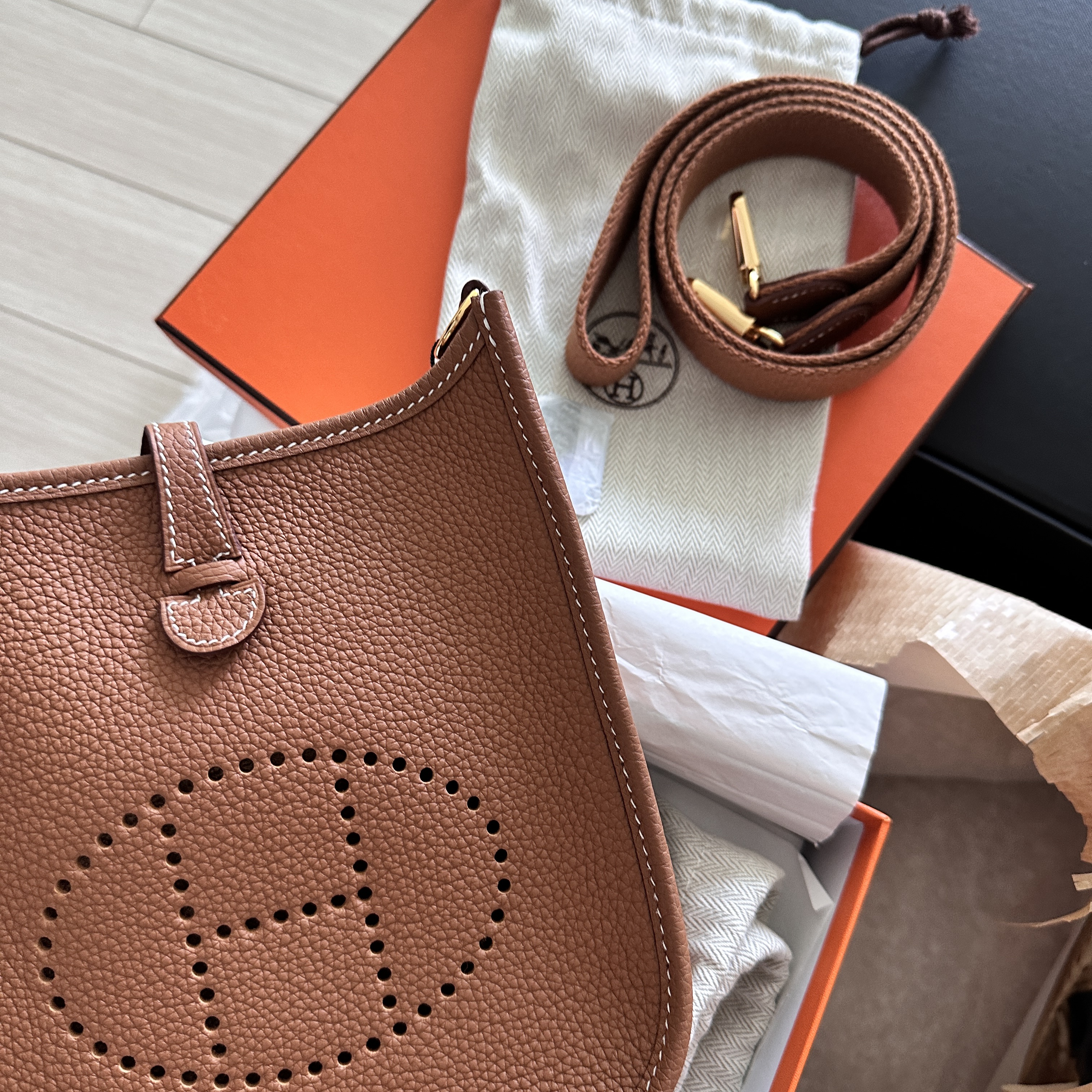 Hermes Evelyne 16 Amazone Bag Clemence & Gold 착용 스타일