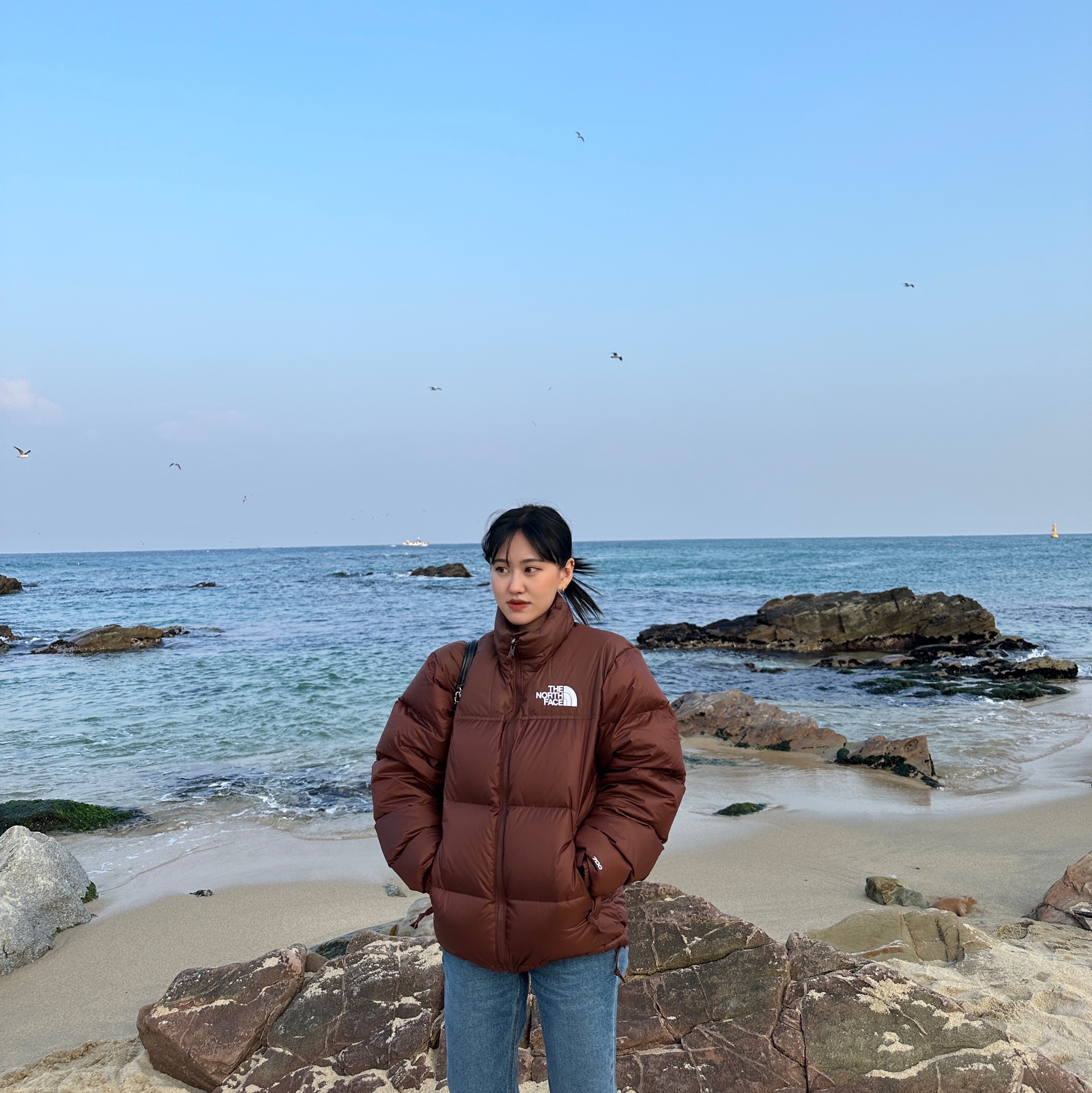 The North Face 1996 Retro Nuptse Jacket Dark Oak 착용 스타일
