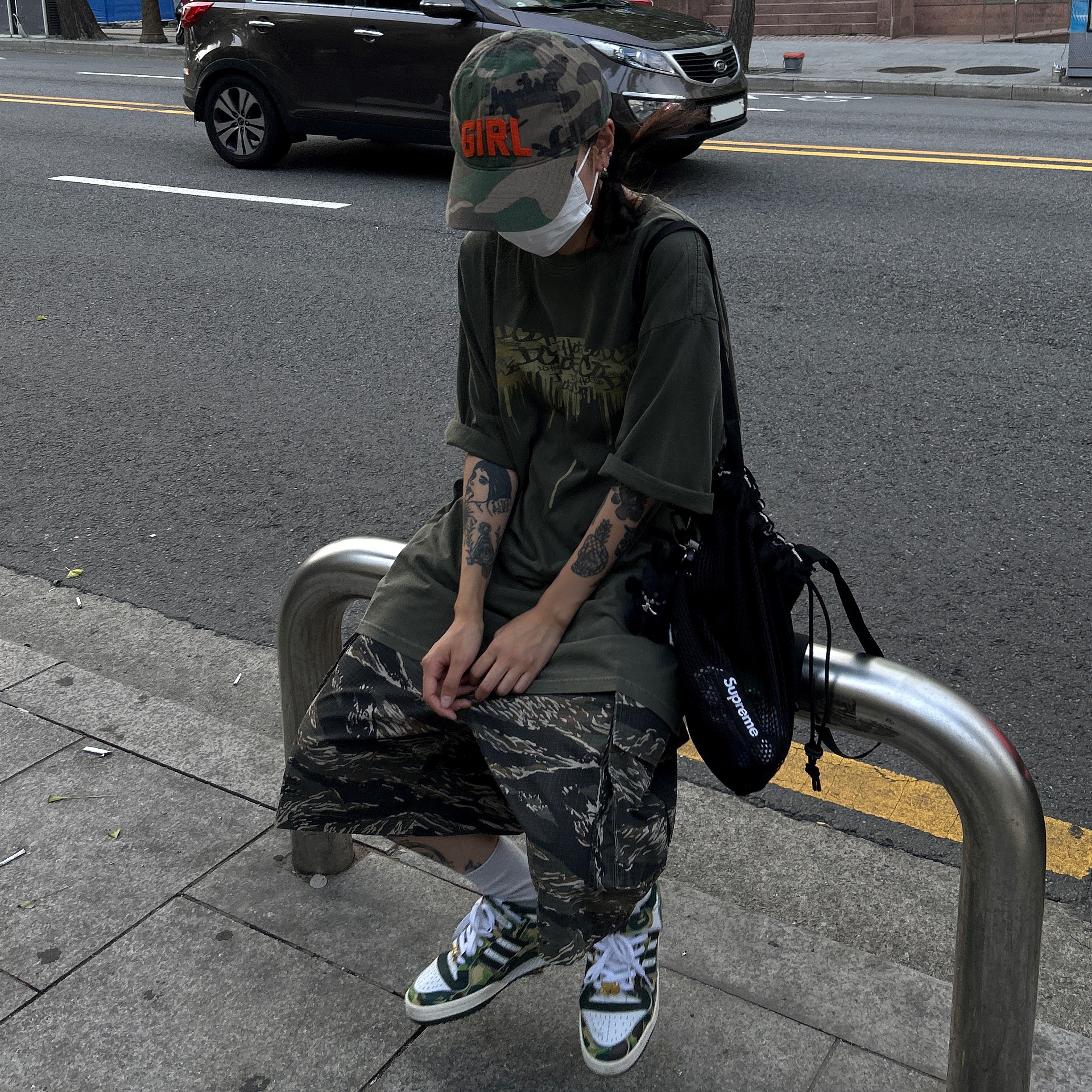 Adidas x BAPE Forum 84 Low Green Camo, Supreme Mesh Small Backpack Black - 23SS 착용 스타일 - 2