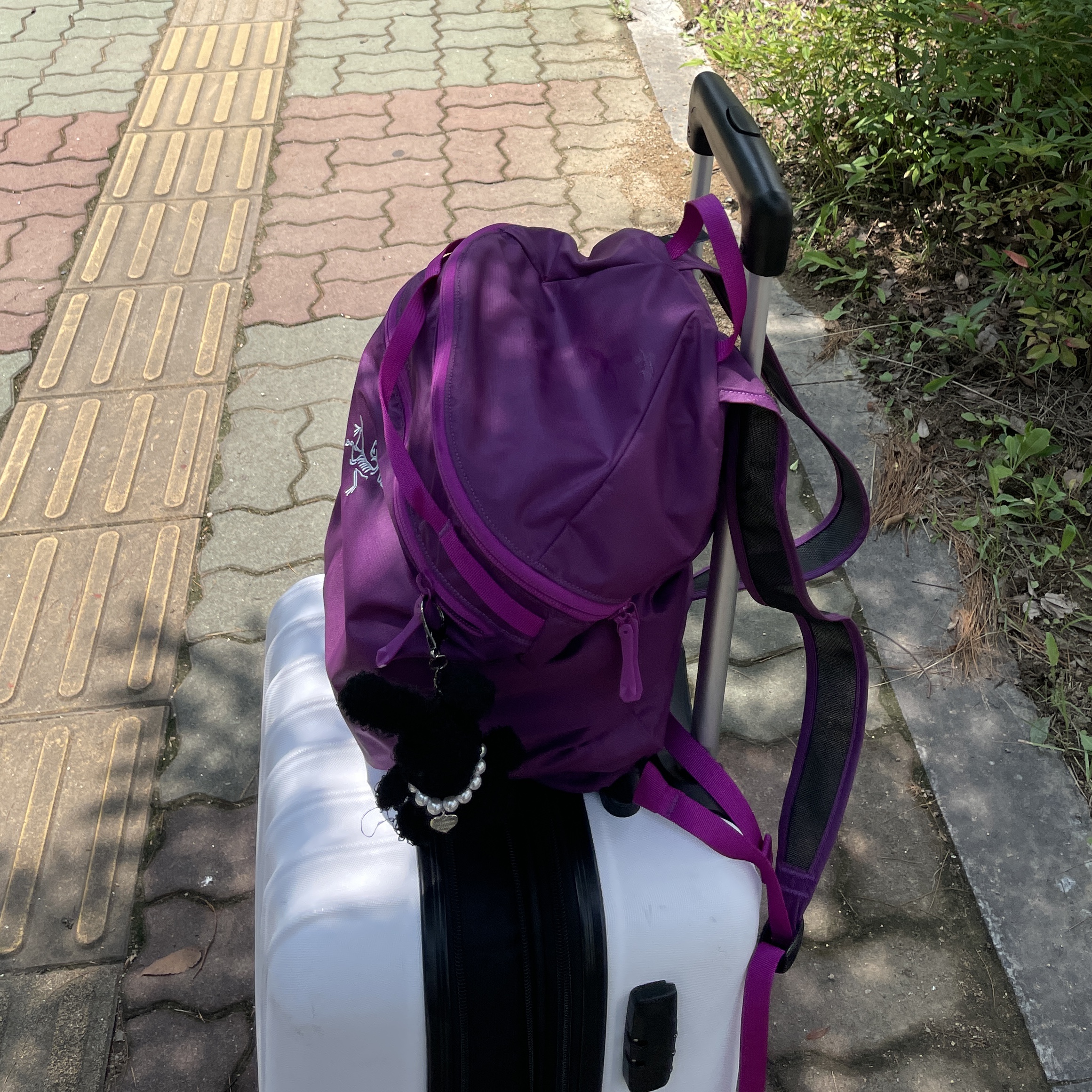 Arc'teryx Heliad 15 Backpack Groovie, (W) Matin Kim Cutted Logo Crop Top Black 착용 스타일 - 3