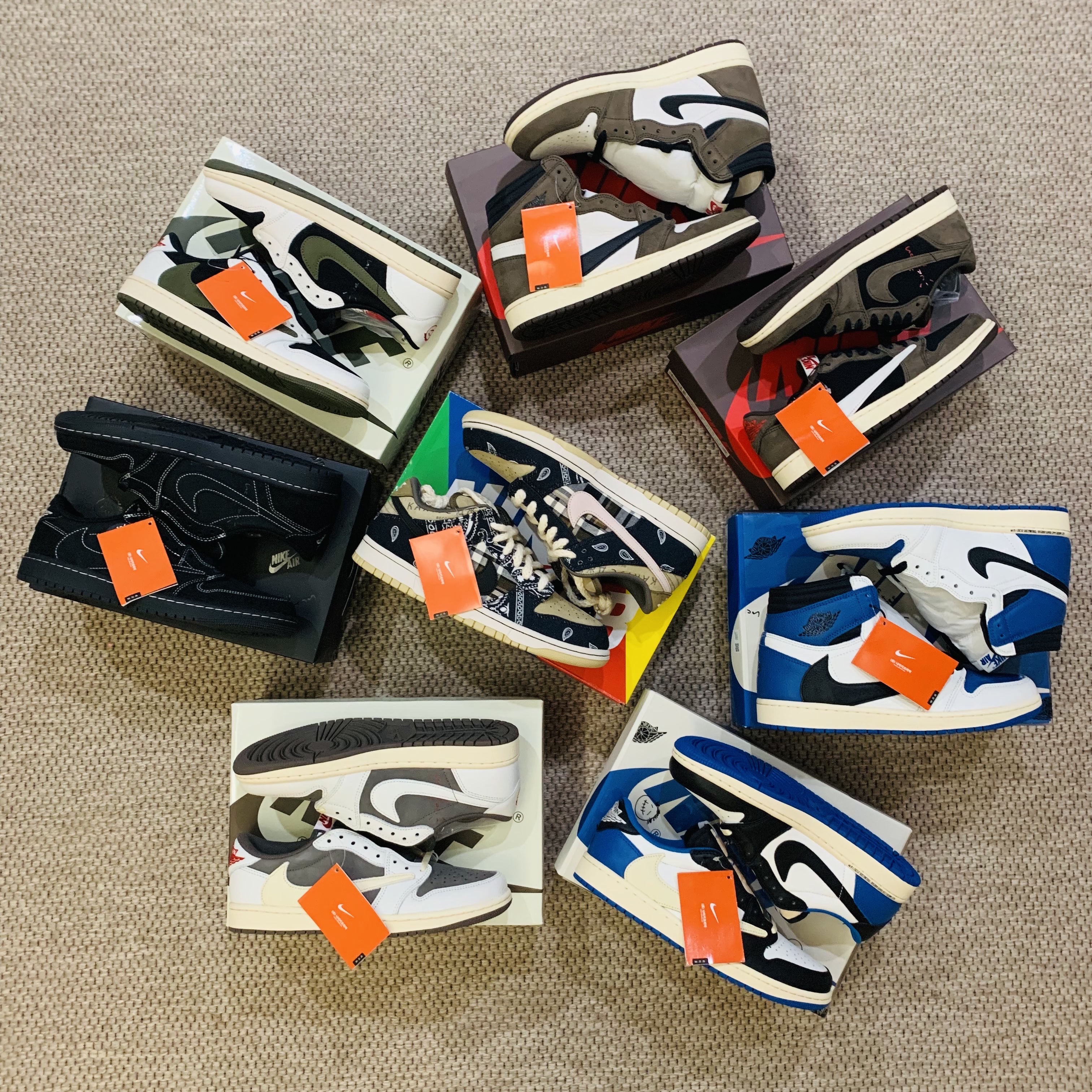 Jordan 1 x Travis Scott x Fragment Retro Low OG SP Military Blue, (W) Jordan 1 x Travis Scott Retro Low OG SP Medium Olive 착용 스타일 - 2