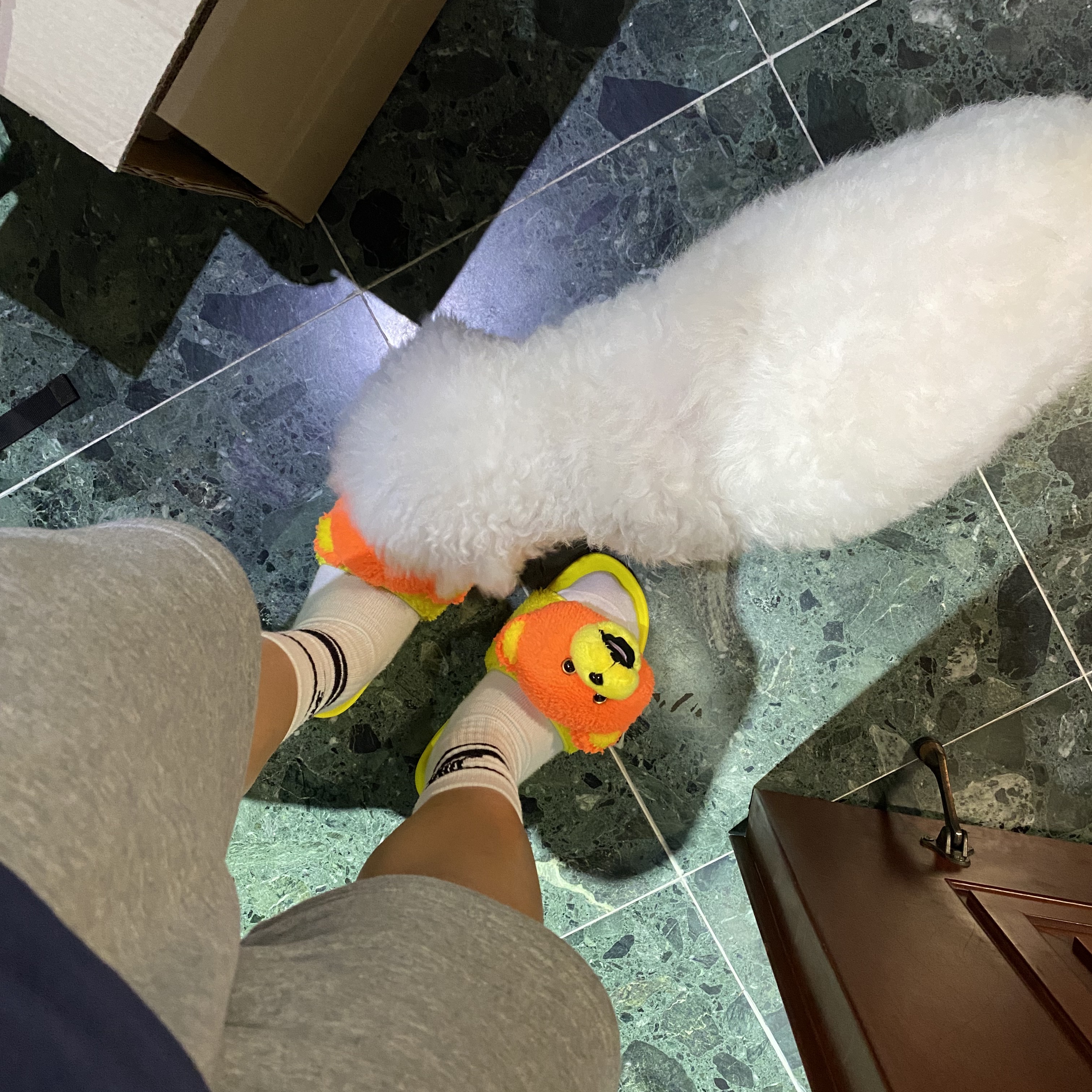 Adidas x Jeremy Scott Adilette Teddy Slide Solar Orange 착용 스타일