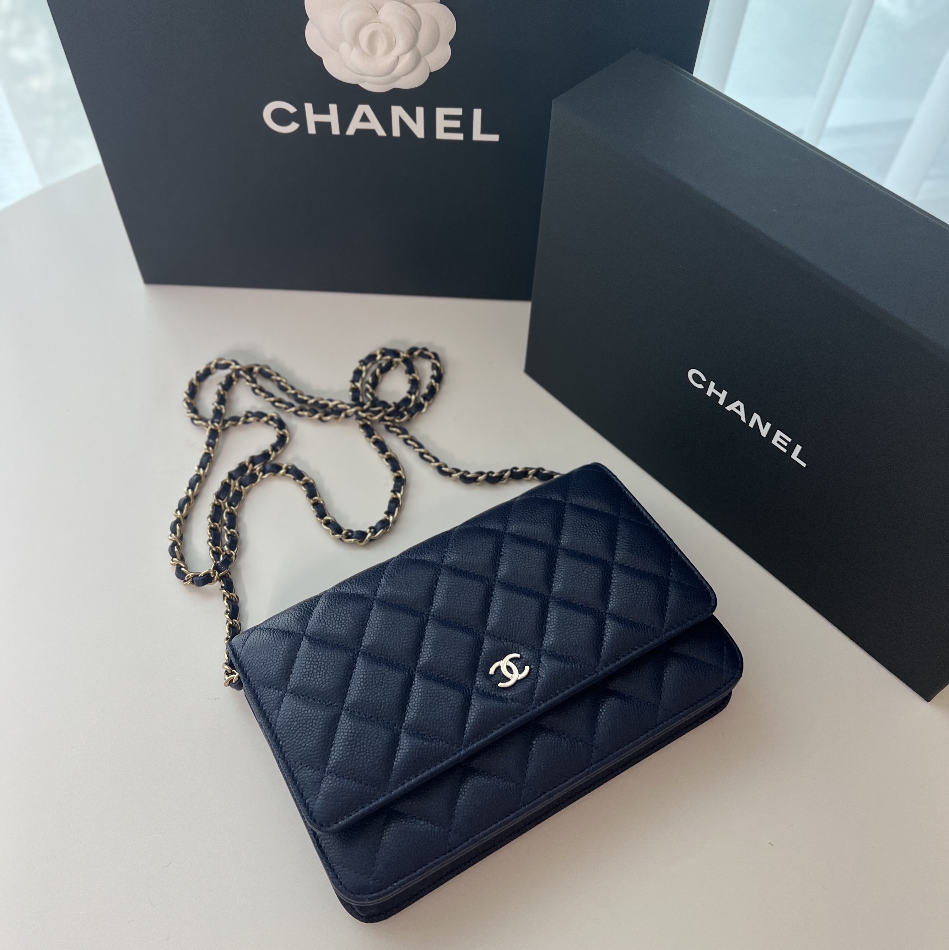 Chanel Classic Wallet On Chain Grained Calfskin & Gold Navy Blue 착용 스타일 - 1