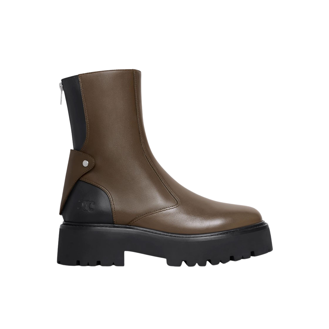 (W) 셀린느 백 집 트리옹프 카프스킨 벌키 부츠 카키 블랙((W) Celine Bulky Boots with Back Zip and Triomphe in Calfskin Khaki Black) - 1